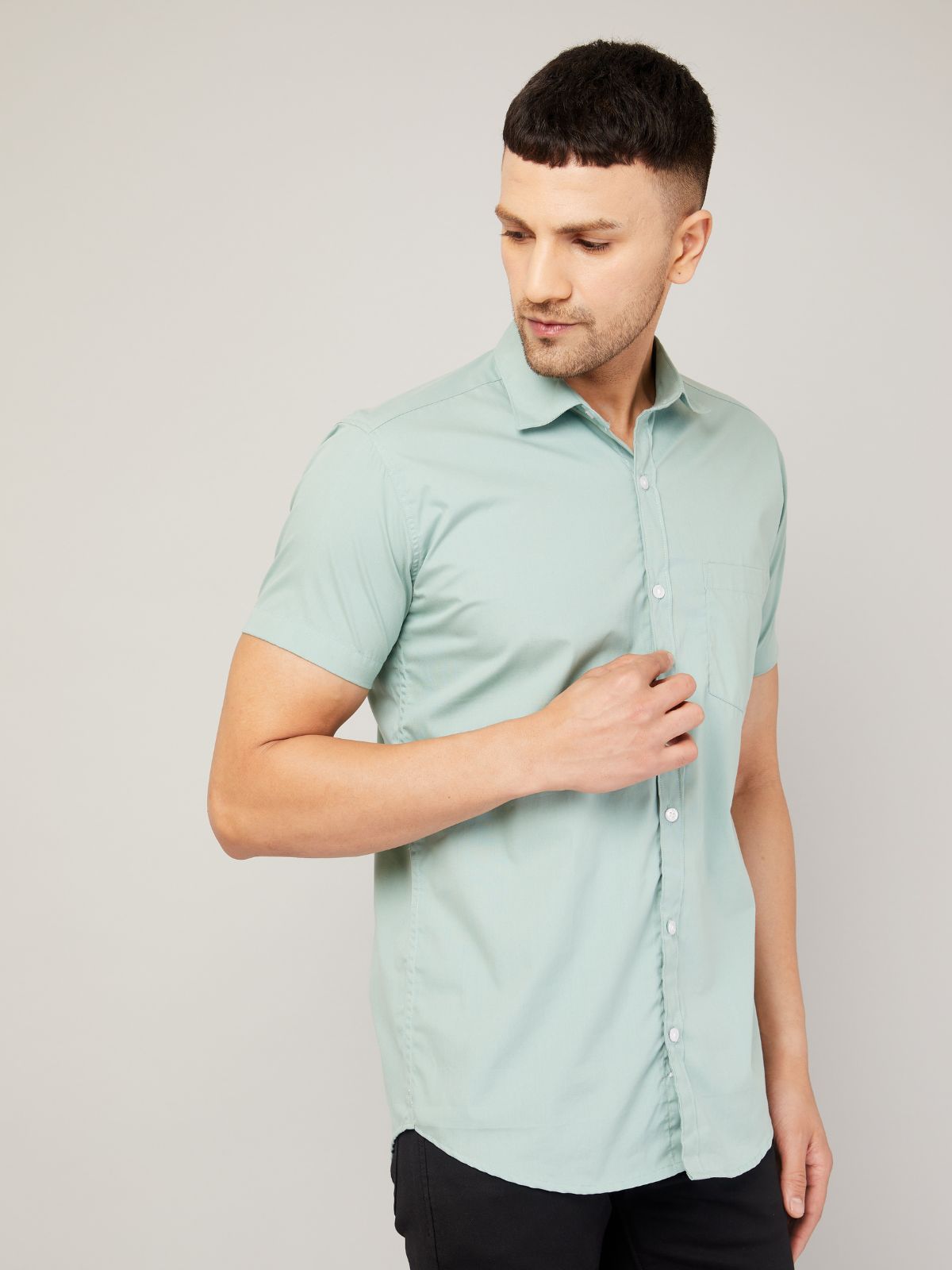 Louis Monarch Men Regular Fit Solid Pista Spread Collar Casual Half Shirt