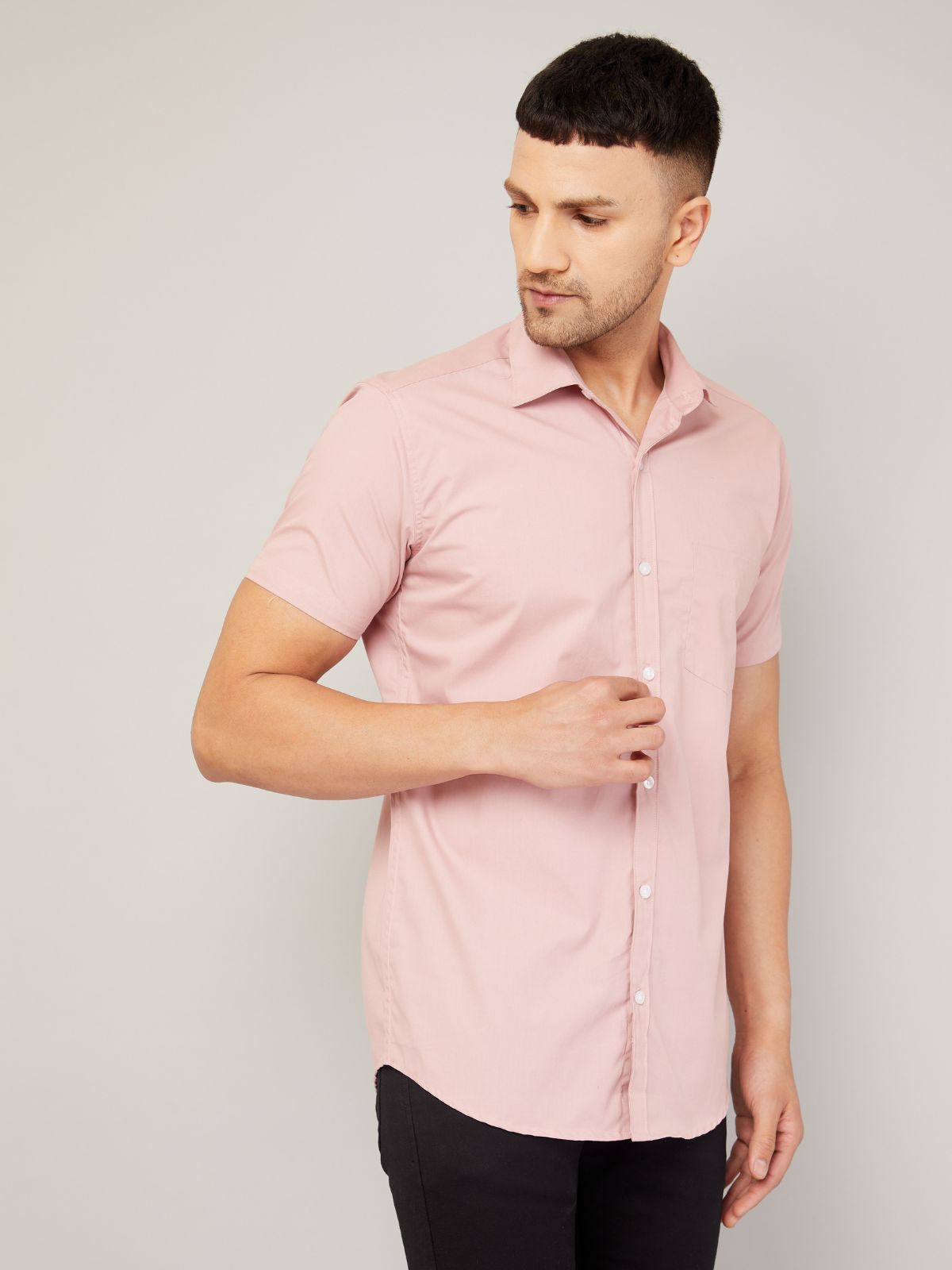 Louis Monarch Men Regular Fit Solid Light Peach Spread Collar Casual Half Shirt