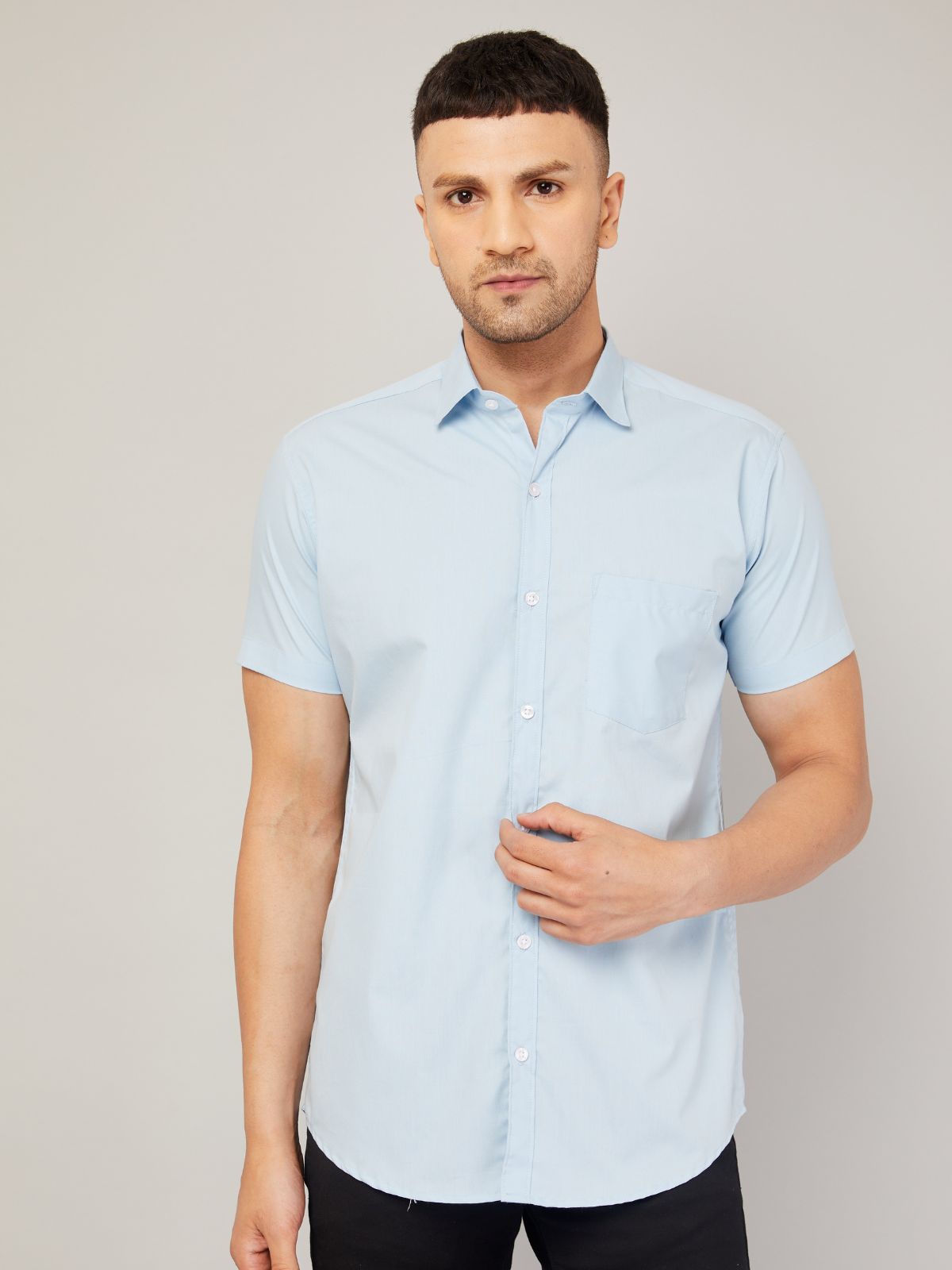 Louis Monarch Men Regular Fit Solid Sky Blue Spread Collar Casual Half Shirt