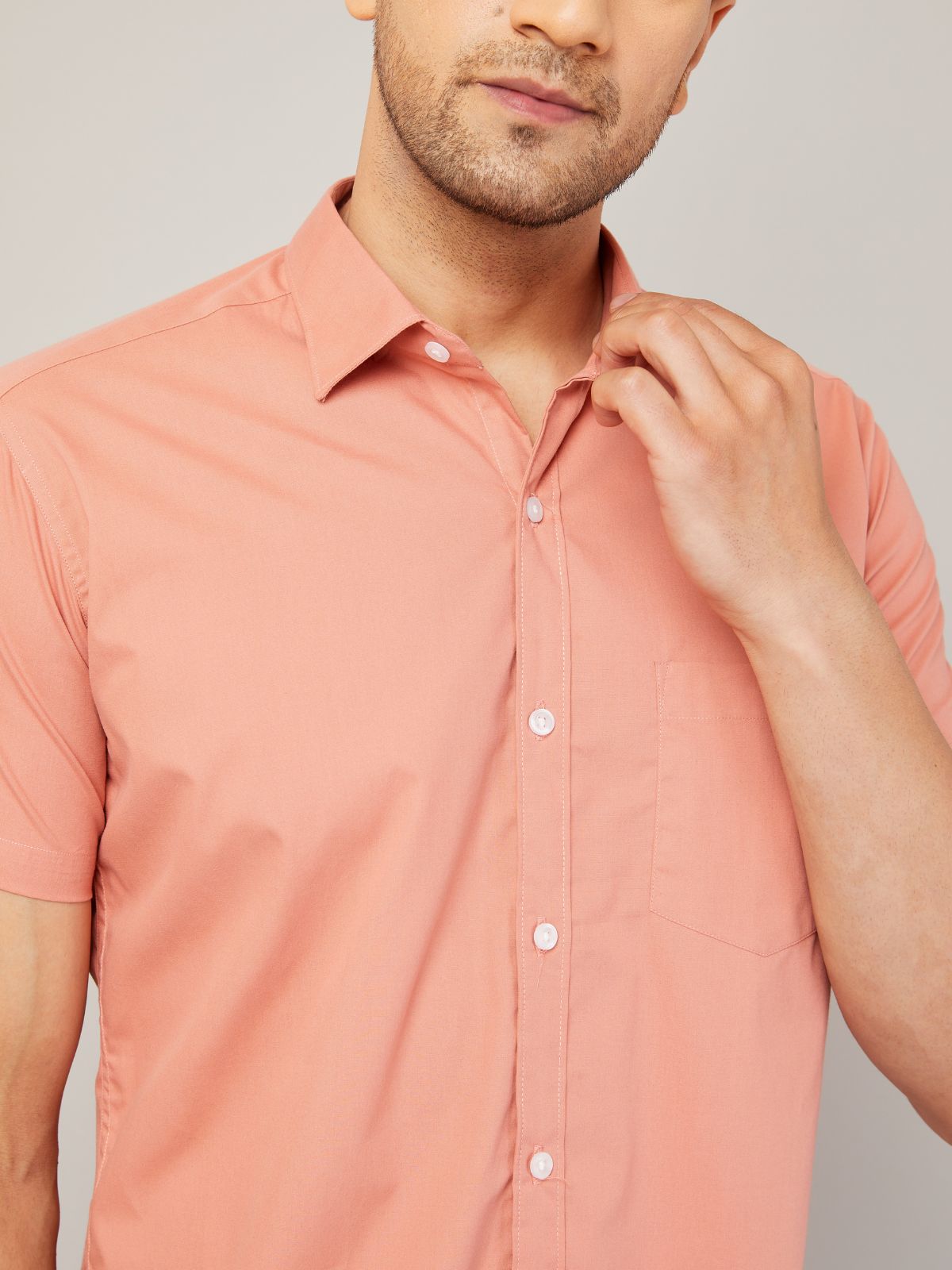 Louis Monarch Men Regular Fit Solid Peach Spread Collar Casual Half Shirt