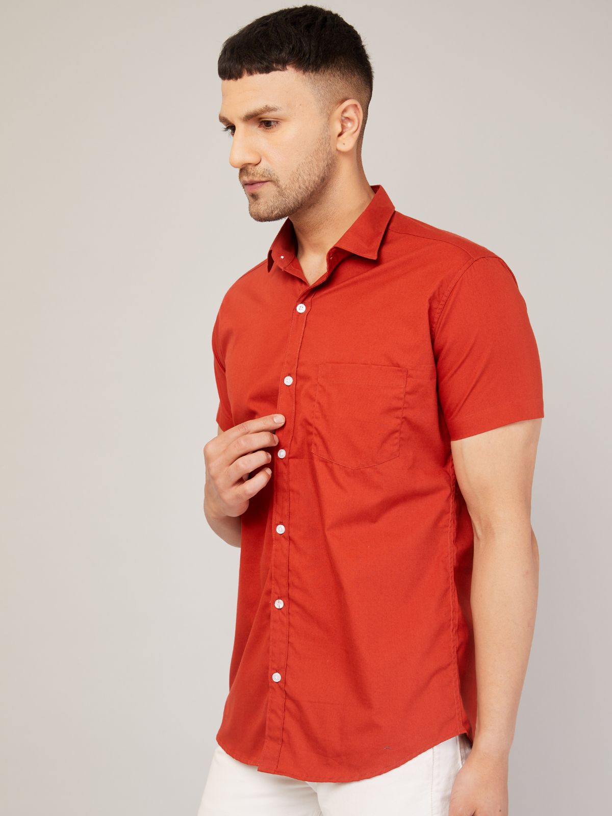 Louis Monarch Men Regular Fit Solid Orange Spread Collar Casual Half Shirt