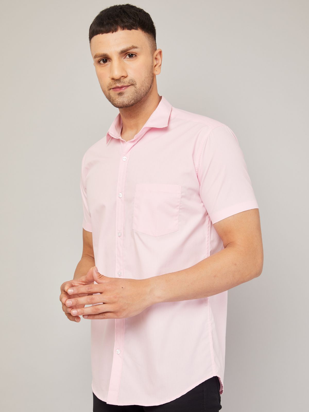 Louis Monarch Men Regular Fit Solid Pink Spread Collar Casual Half Shirt