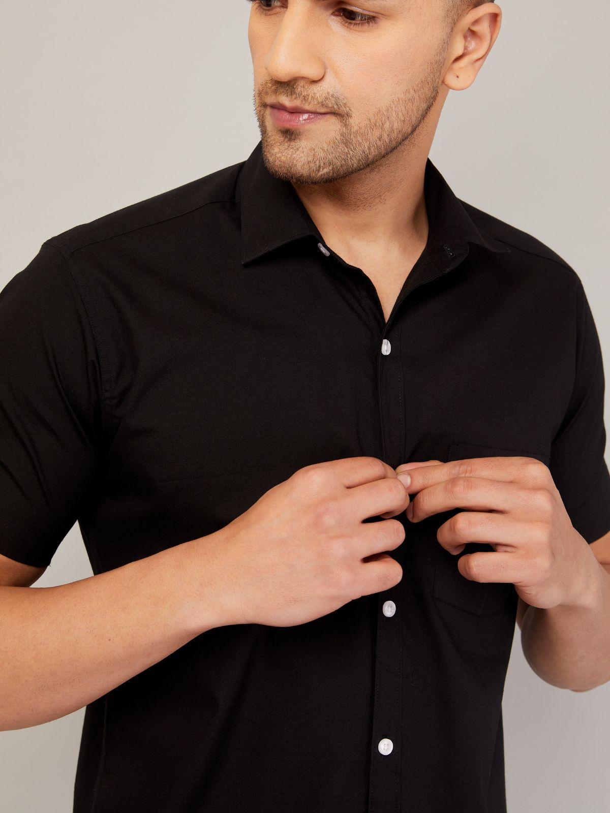 Louis Monarch Men Regular Fit Solid Black Spread Collar Casual Half Shirt