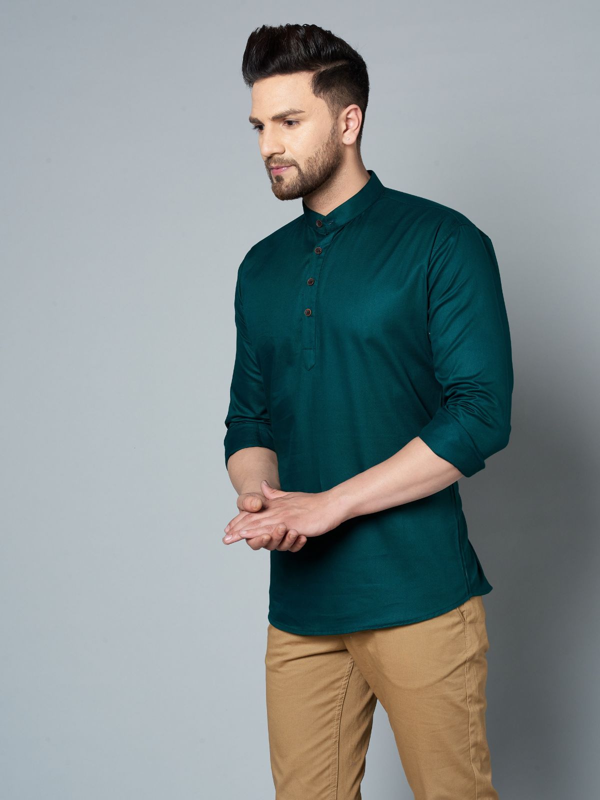 Louis Monarch Men Solid Dark Green Pure Cotton Straight Short Kurta
