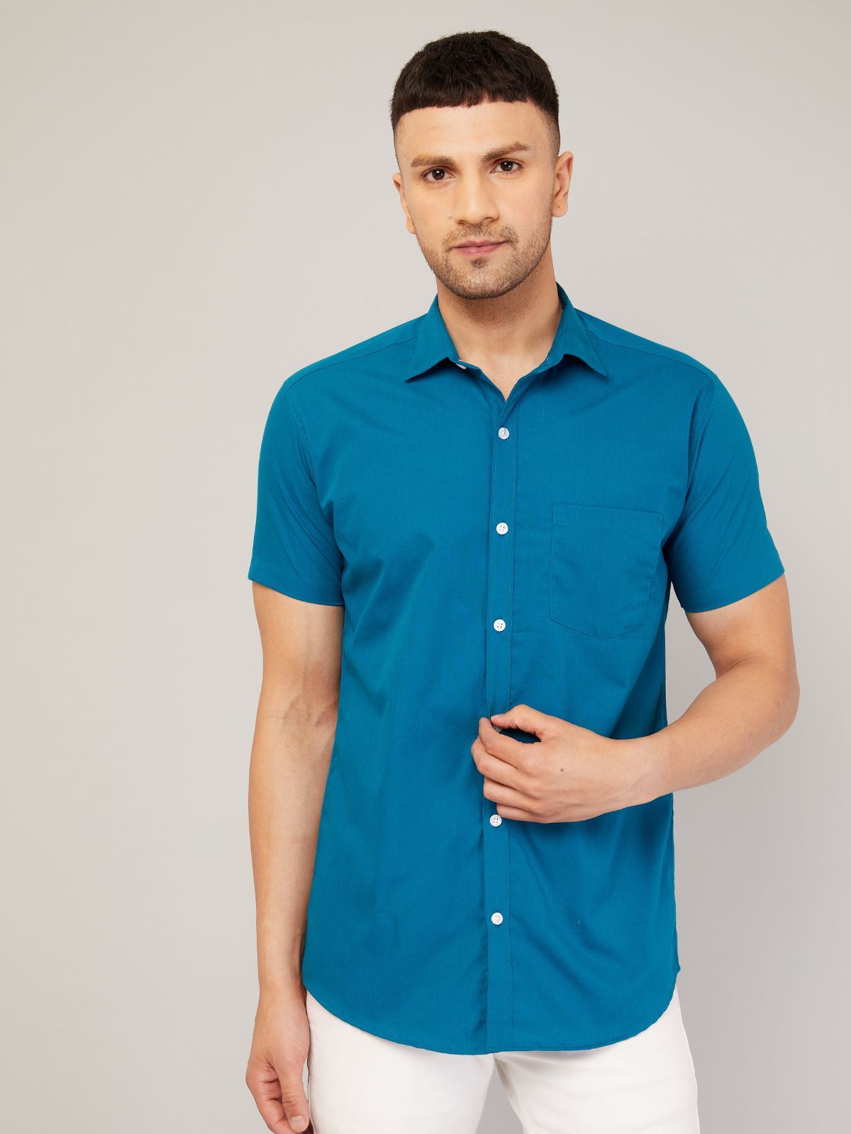 Louis Monarch Men Regular Fit Solid Airforce Spread Collar Casual Half Shirt