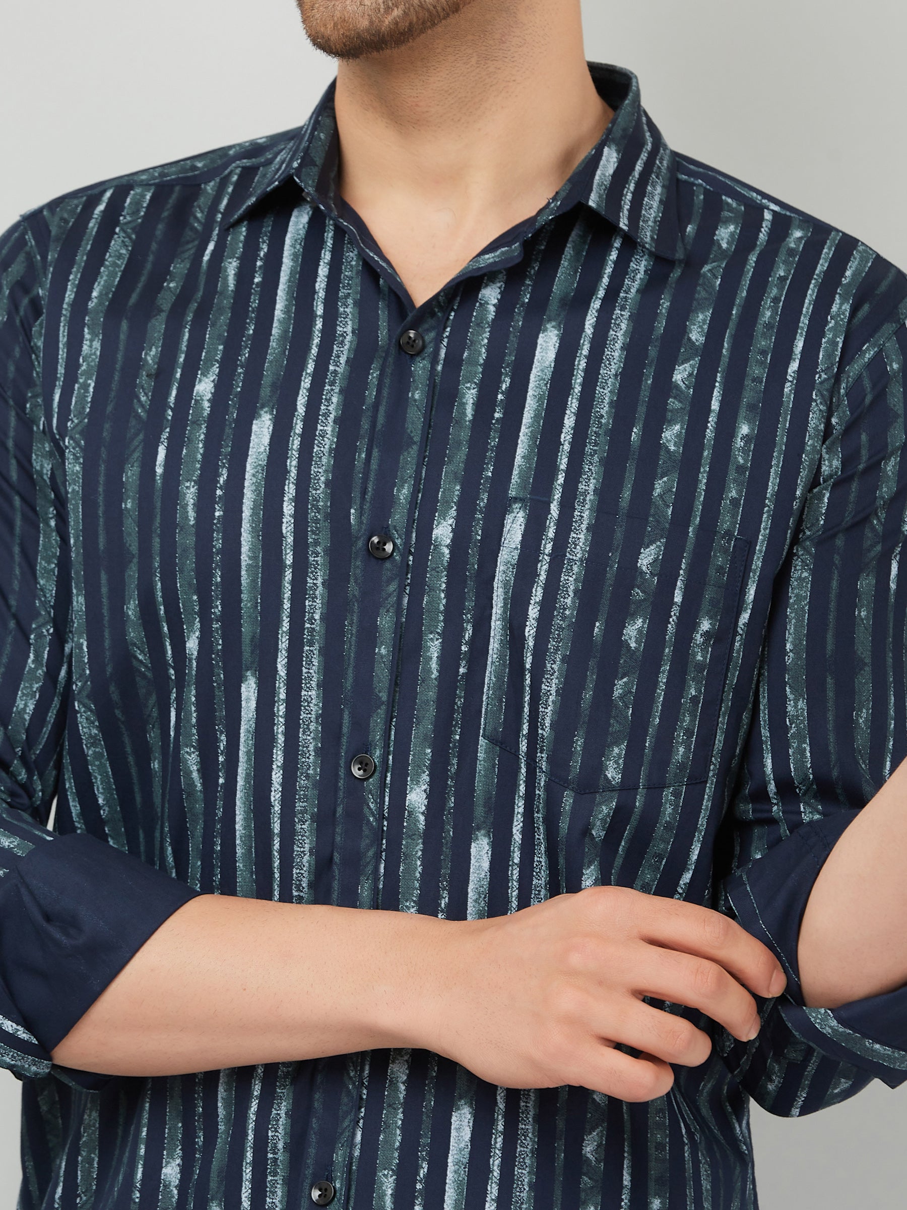 Louis Monarch Men Regular Fit Striped Navy Blue Spread Collar Casual Shirt