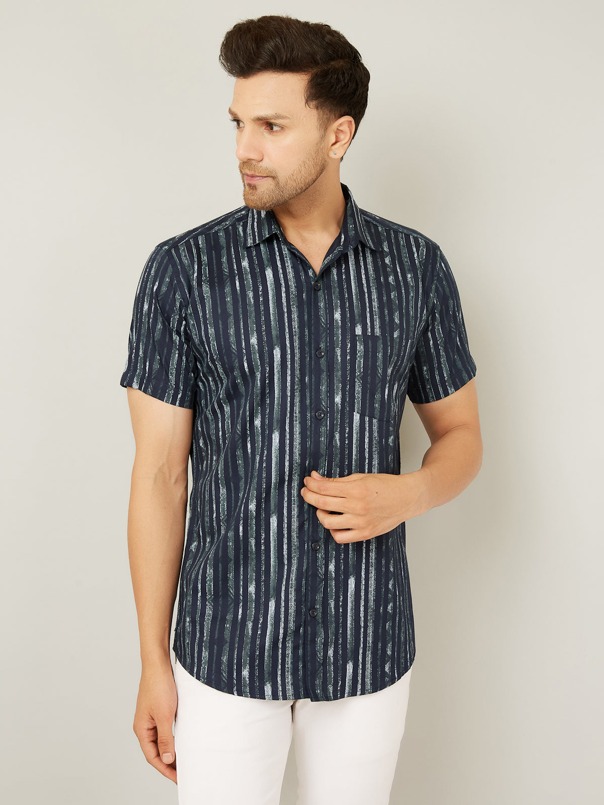 Louis Monarch Men Regular Fit Striped Navy Blue Spread Collar Casual Half Shirt