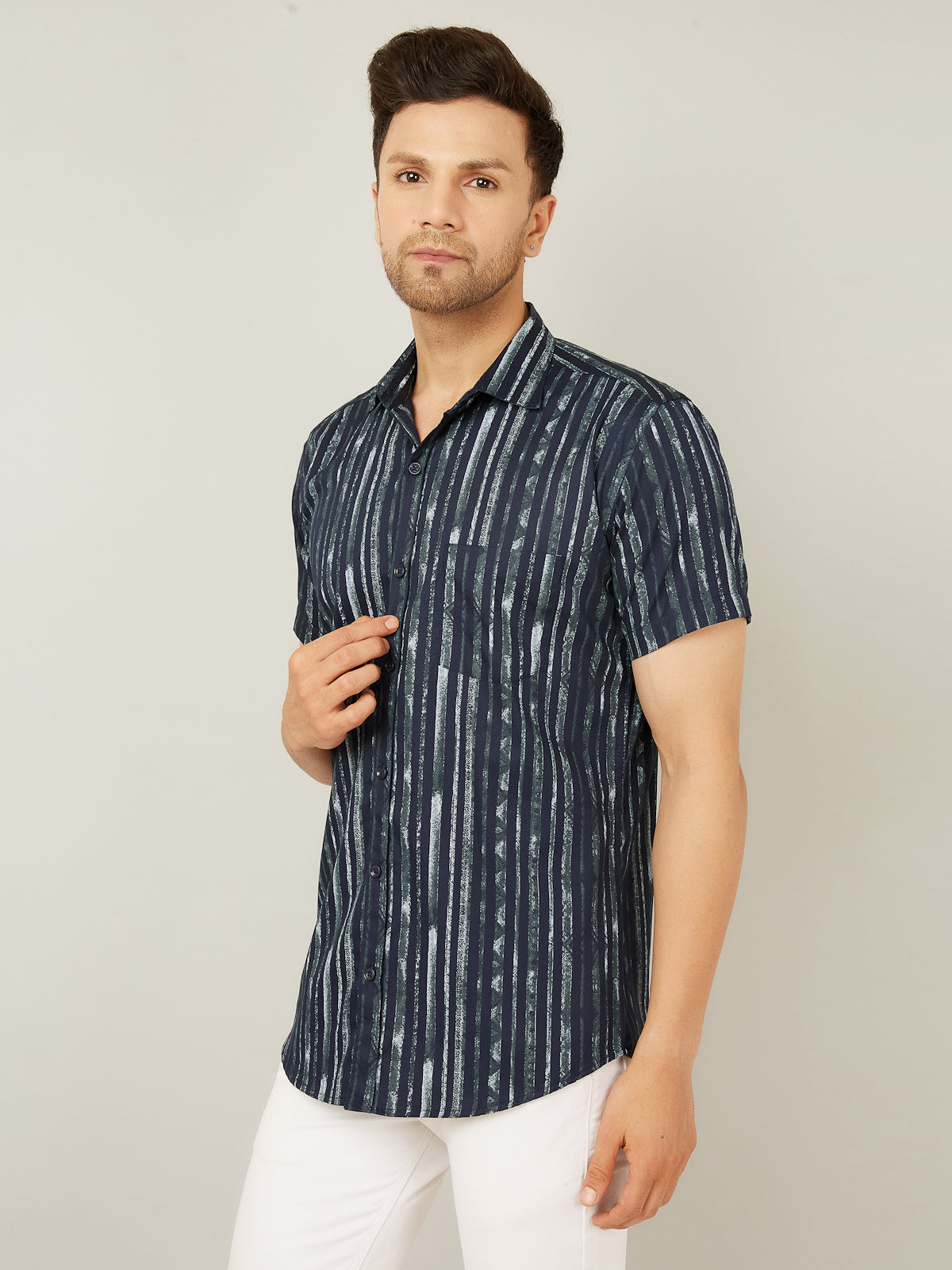 Louis Monarch Men Regular Fit Striped Navy Blue Spread Collar Casual Half Shirt