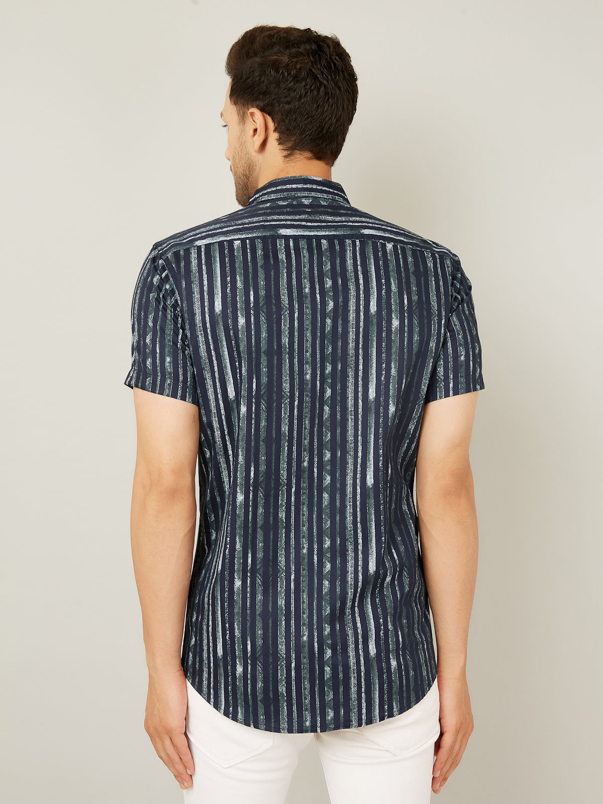 Louis Monarch Men Regular Fit Striped Navy Blue Spread Collar Casual Half Shirt