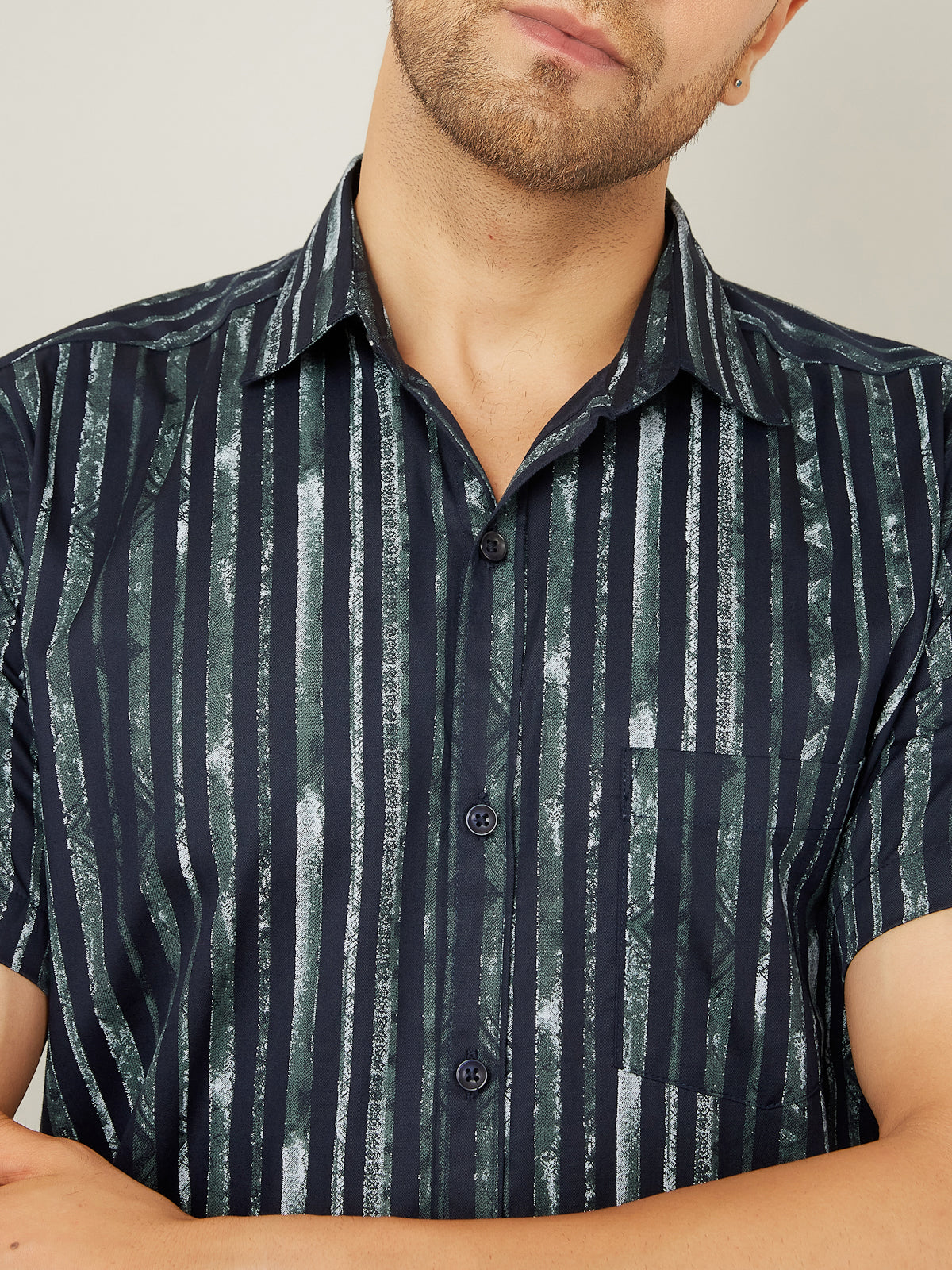 Louis Monarch Men Regular Fit Striped Navy Blue Spread Collar Casual Half Shirt