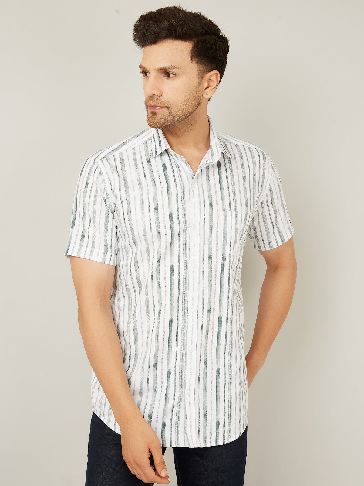 Louis Monarch Men Regular Fit Striped White Spread Collar Casual Half Shirt