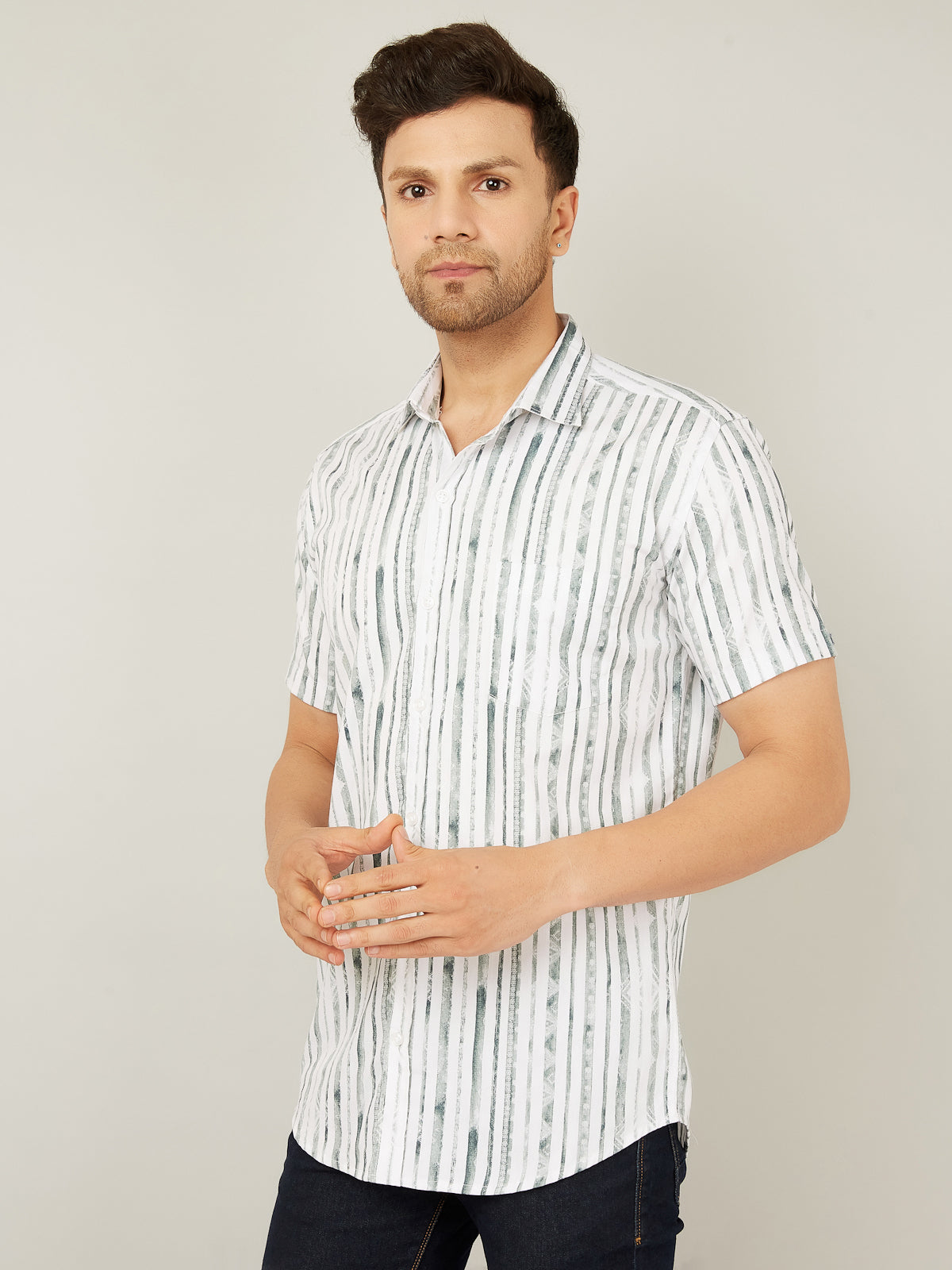 Louis Monarch Men Regular Fit Striped White Spread Collar Casual Half Shirt