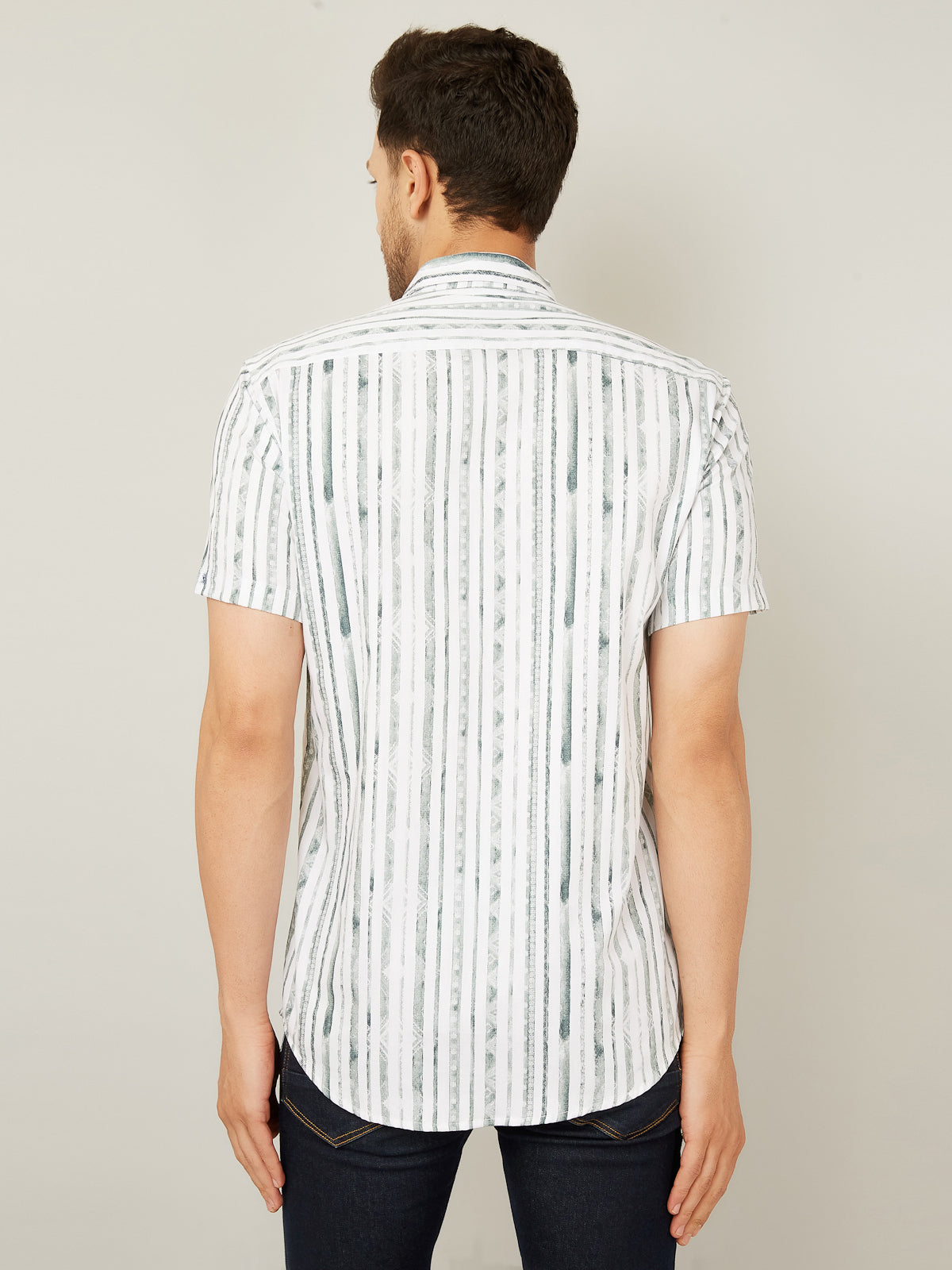 Louis Monarch Men Regular Fit Striped White Spread Collar Casual Half Shirt