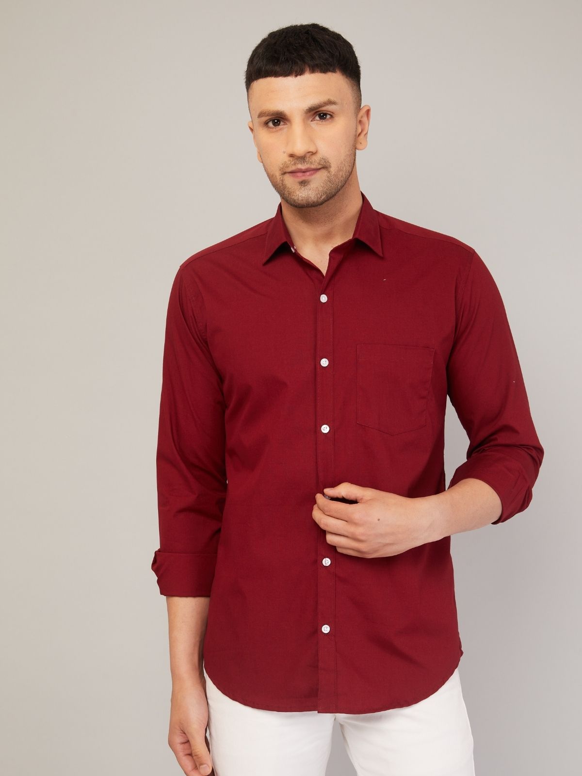 Louis Monarch Men Regular Fit Solid Spread  Collar Casual Wine Color Shirt