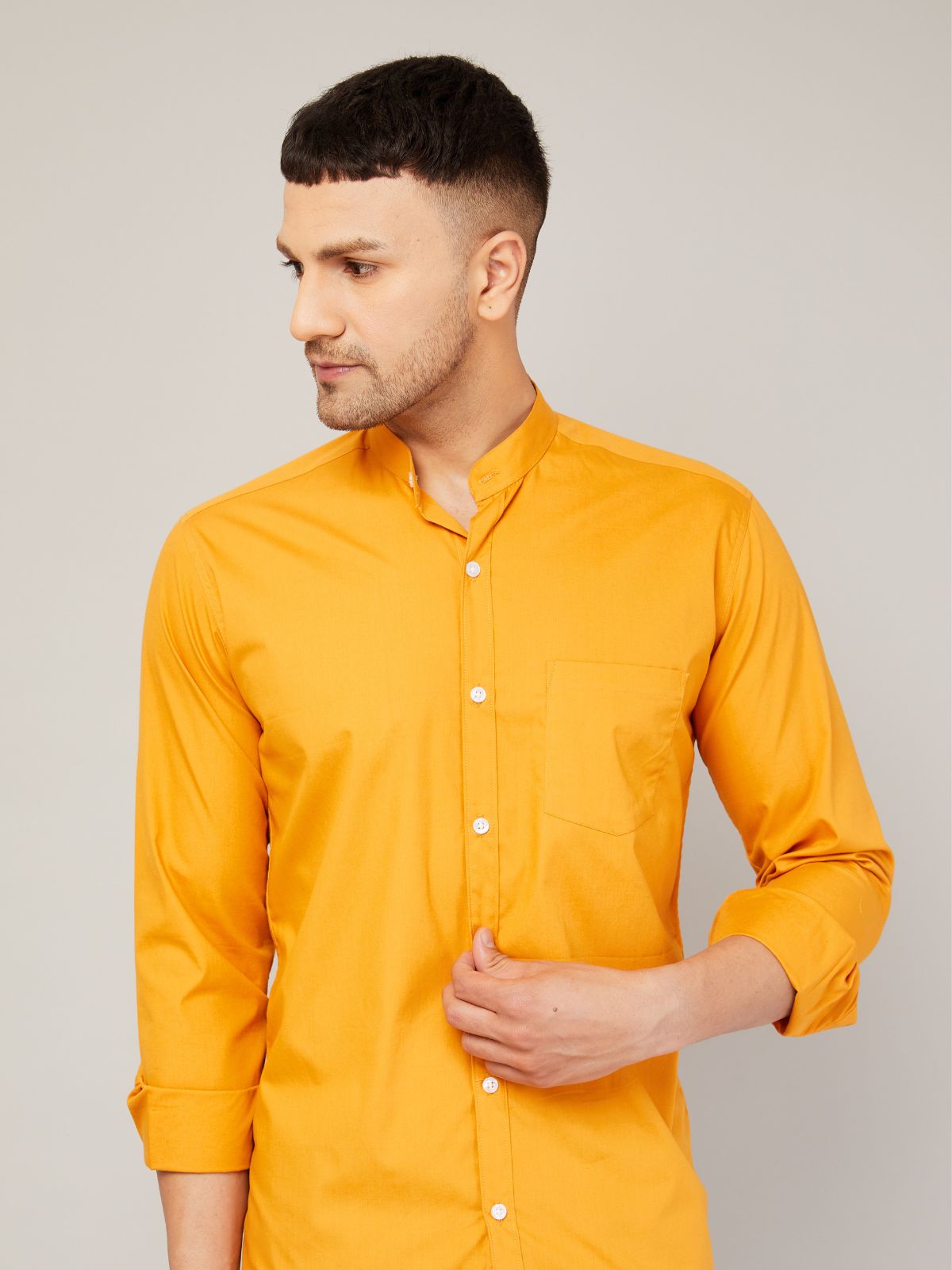 Louis Monarch Men Regular Fit Solid Yellow Mandarin Collar Casual Shirt