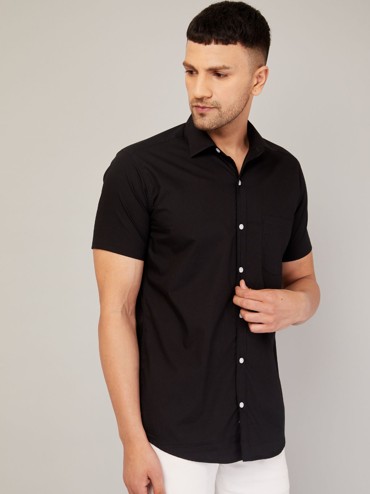 Louis Monarch Men Regular Fit Solid Black Spread Collar Casual Half Shirt