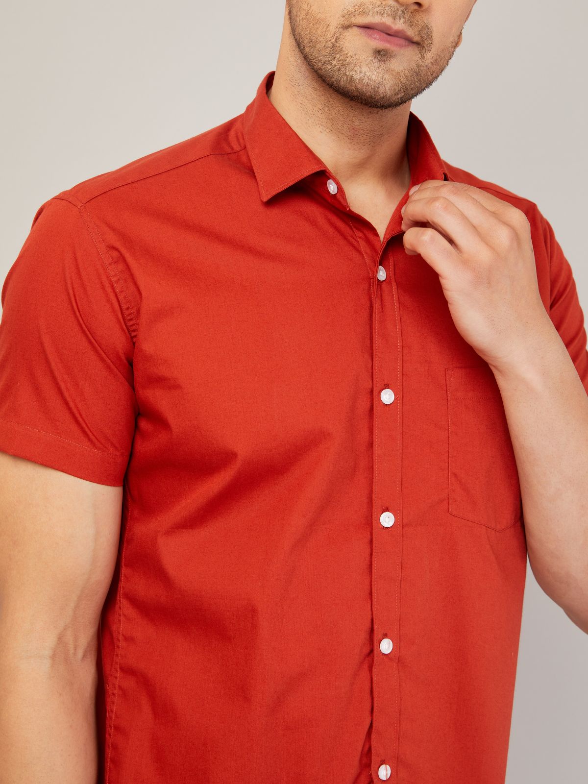 Louis Monarch Men Regular Fit Solid Orange Spread Collar Casual Half Shirt