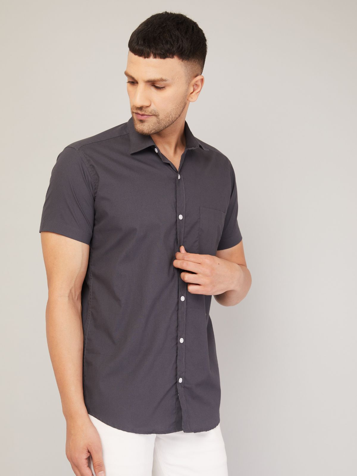 Louis Monarch Men Regular Fit Solid Grey Spread Collar Casual Half Shirt