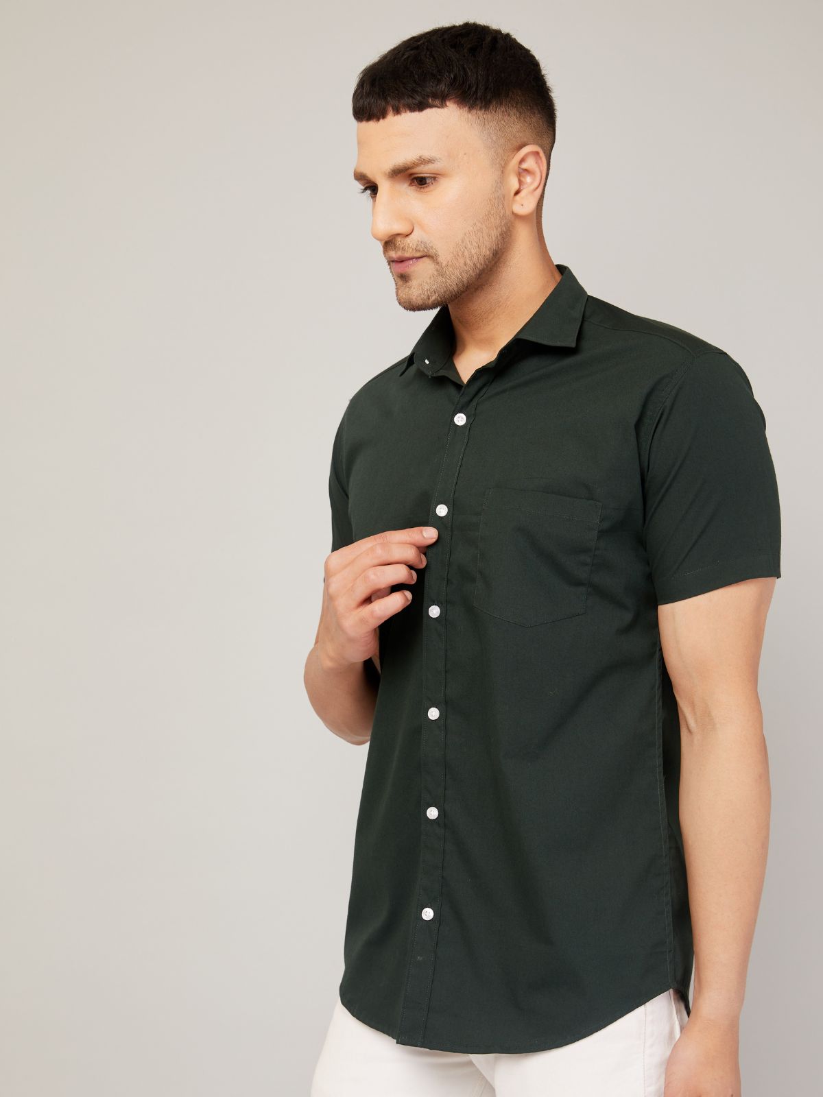 Louis Monarch Men Regular Fit Solid Dark Green Spread Collar Casual Half Shirt