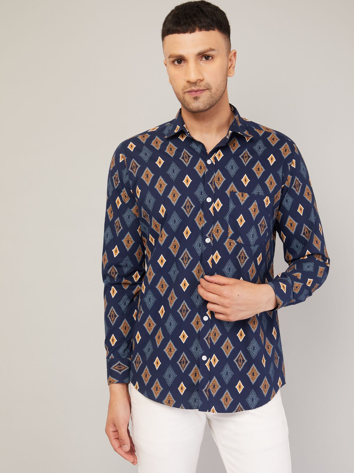 Louis Monarch Men Regular Fit Block Printed Blue Spread Collar Casual Shirt