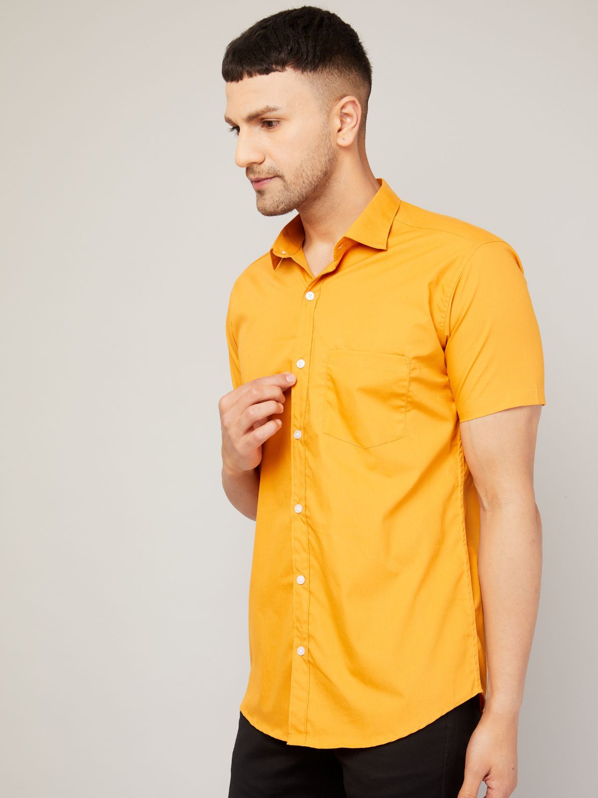 Louis Monarch Men Regular Fit Solid Yellow Spread Collar Casual Half Shirt