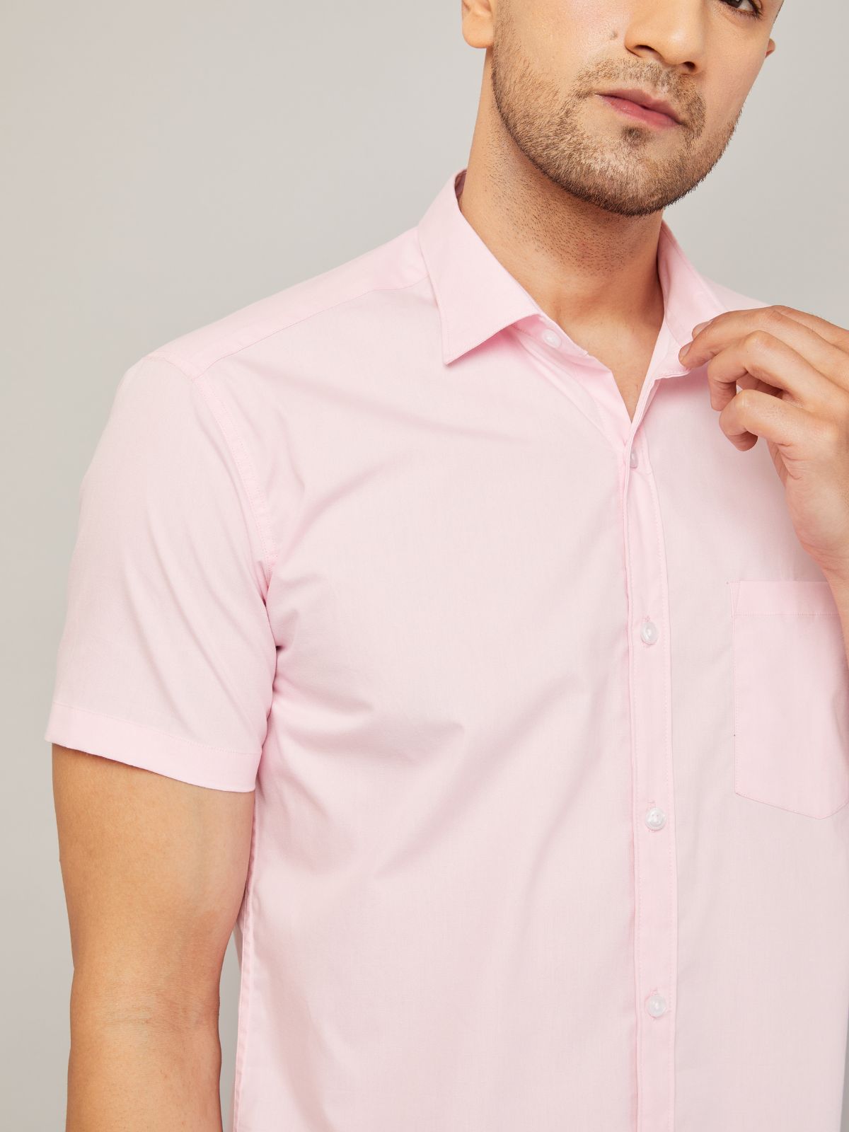 Louis Monarch Men Regular Fit Solid Pink Spread Collar Casual Half Shirt