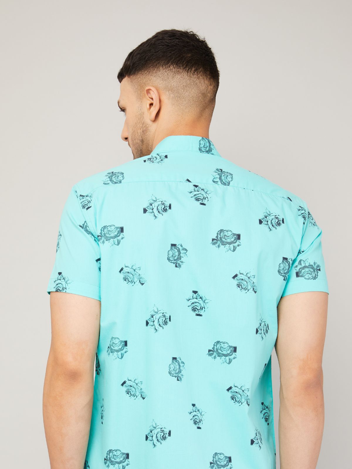 Louis Monarch Men Regular Fit Aqua Blue Printed Spread Collar Casual Half Shirt