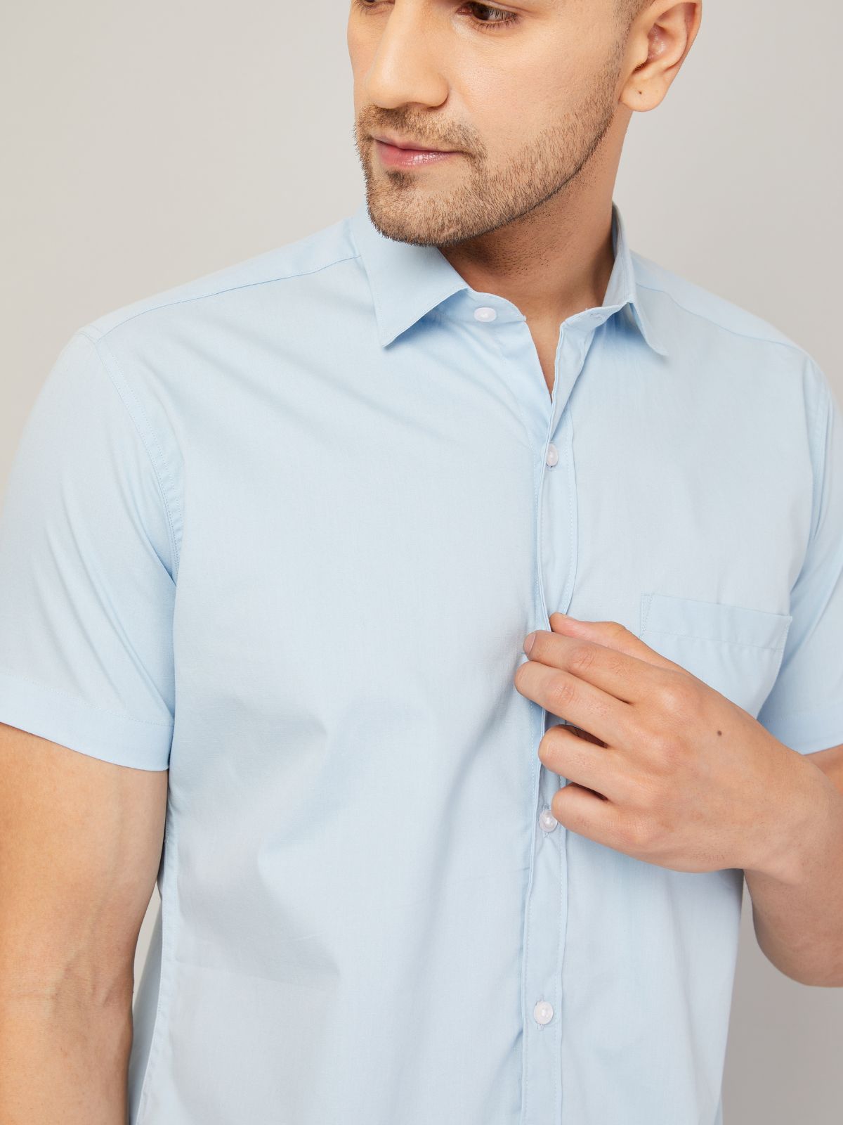 Louis Monarch Men Regular Fit Solid Sky Blue Spread Collar Casual Half Shirt