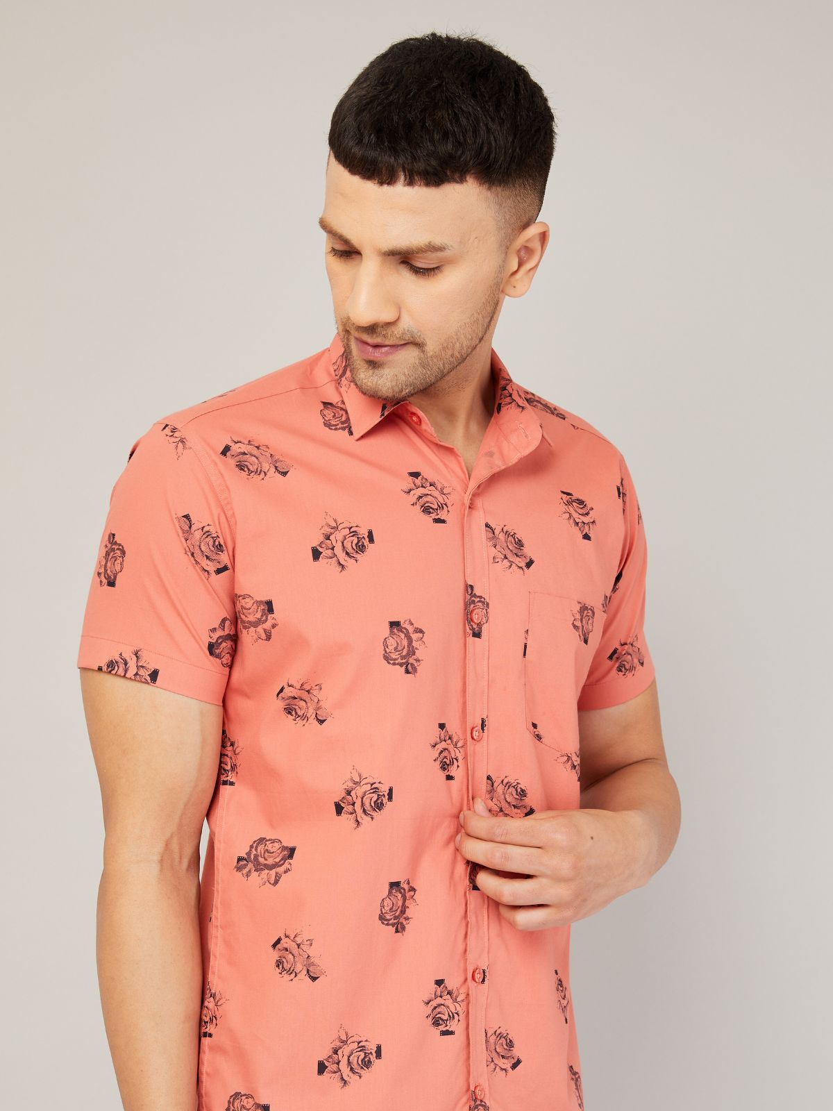 Louis Monarch Men Regular Fit Pink Printed Spread Collar Casual Half Shirt