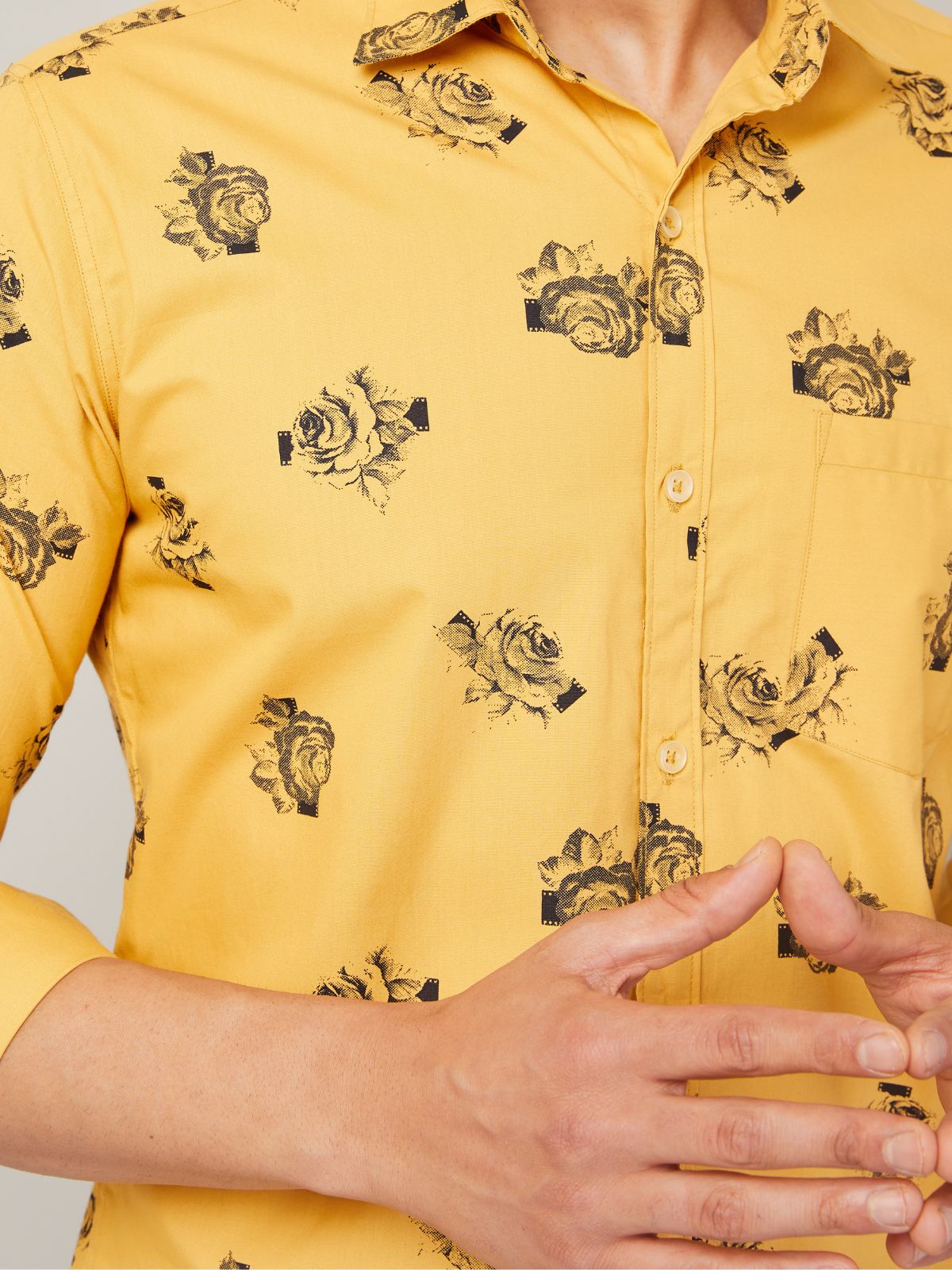 Louis Monarch Men Regular Fit Rose Print Yellow Spread Collar Casual Shirt