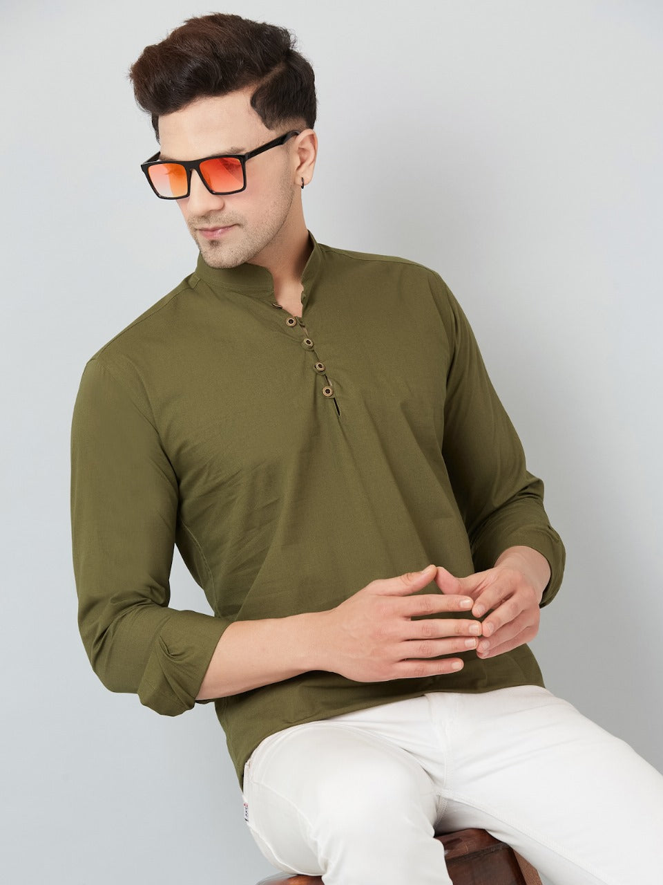 Louis Monarch Men Solid Green Pure Cotton Straight Short Kurta