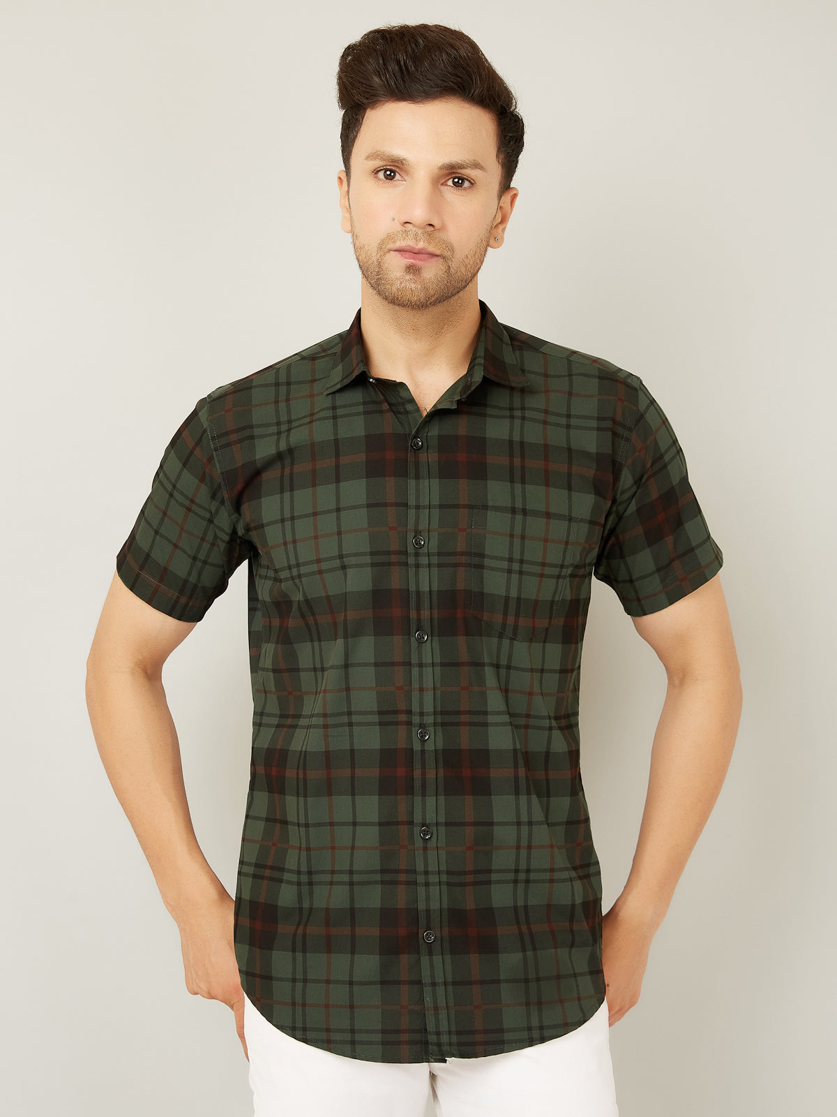 Louis Monarch Men Regular Fit Green Checkered Spread Collar Casual Half Shirt