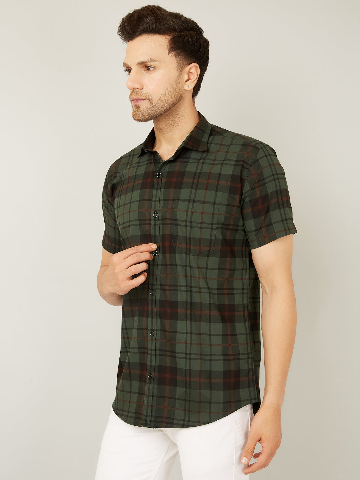 Louis Monarch Men Regular Fit Green Checkered Spread Collar Casual Half Shirt