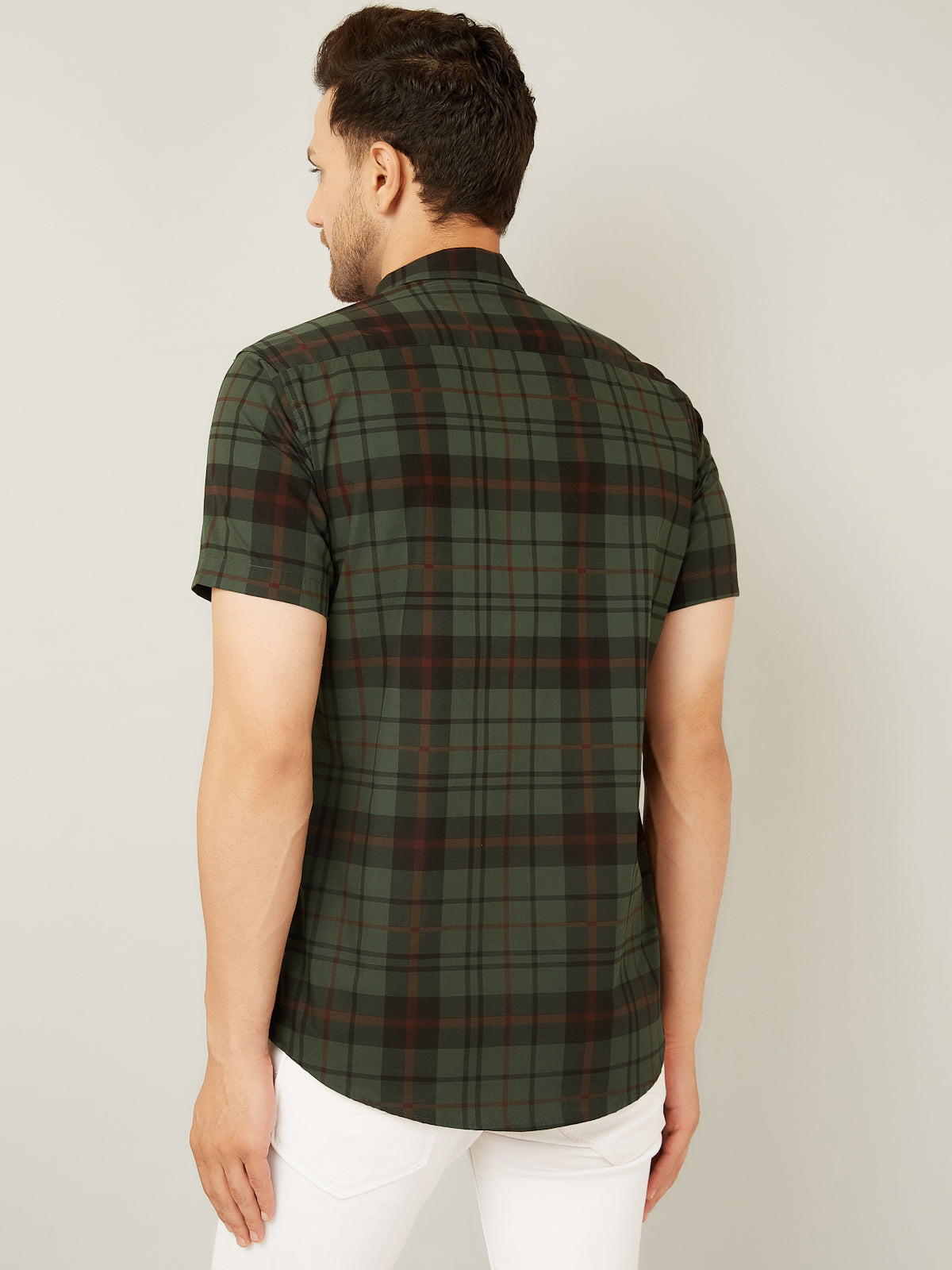 Louis Monarch Men Regular Fit Green Checkered Spread Collar Casual Half Shirt