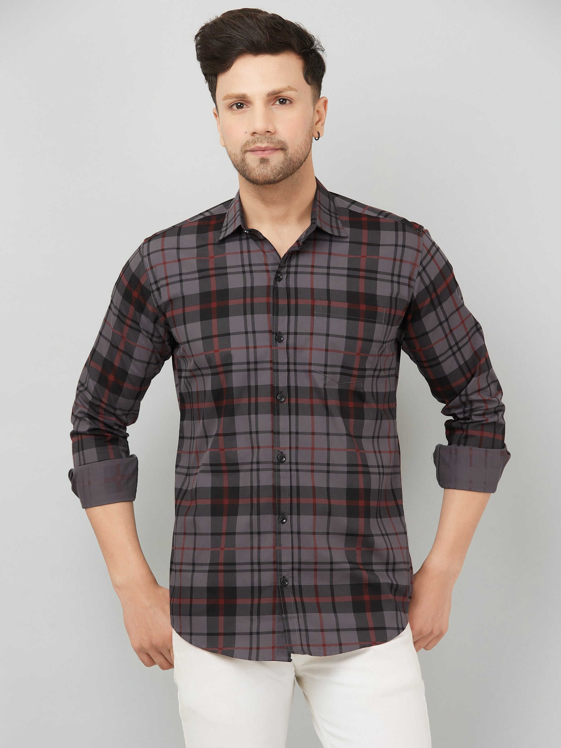 Louis Monarch Men Regular Fit Grey Checkered Spread Collar Casual Shirt