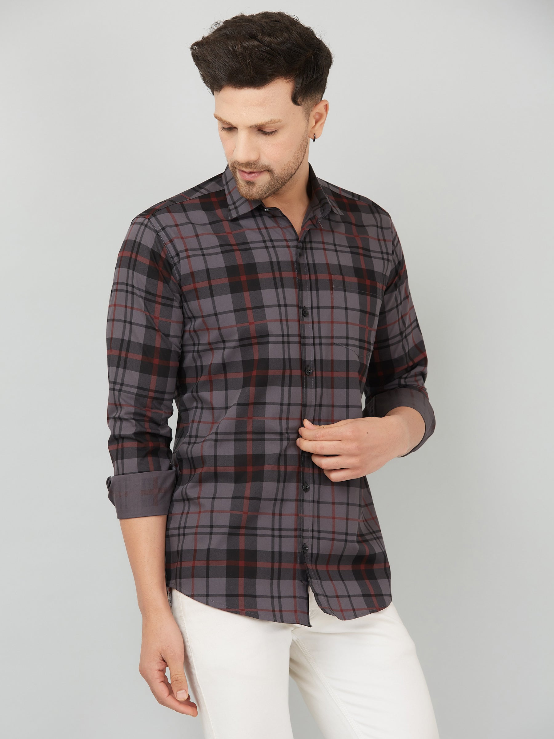 Louis Monarch Men Regular Fit Grey Checkered Spread Collar Casual Shirt