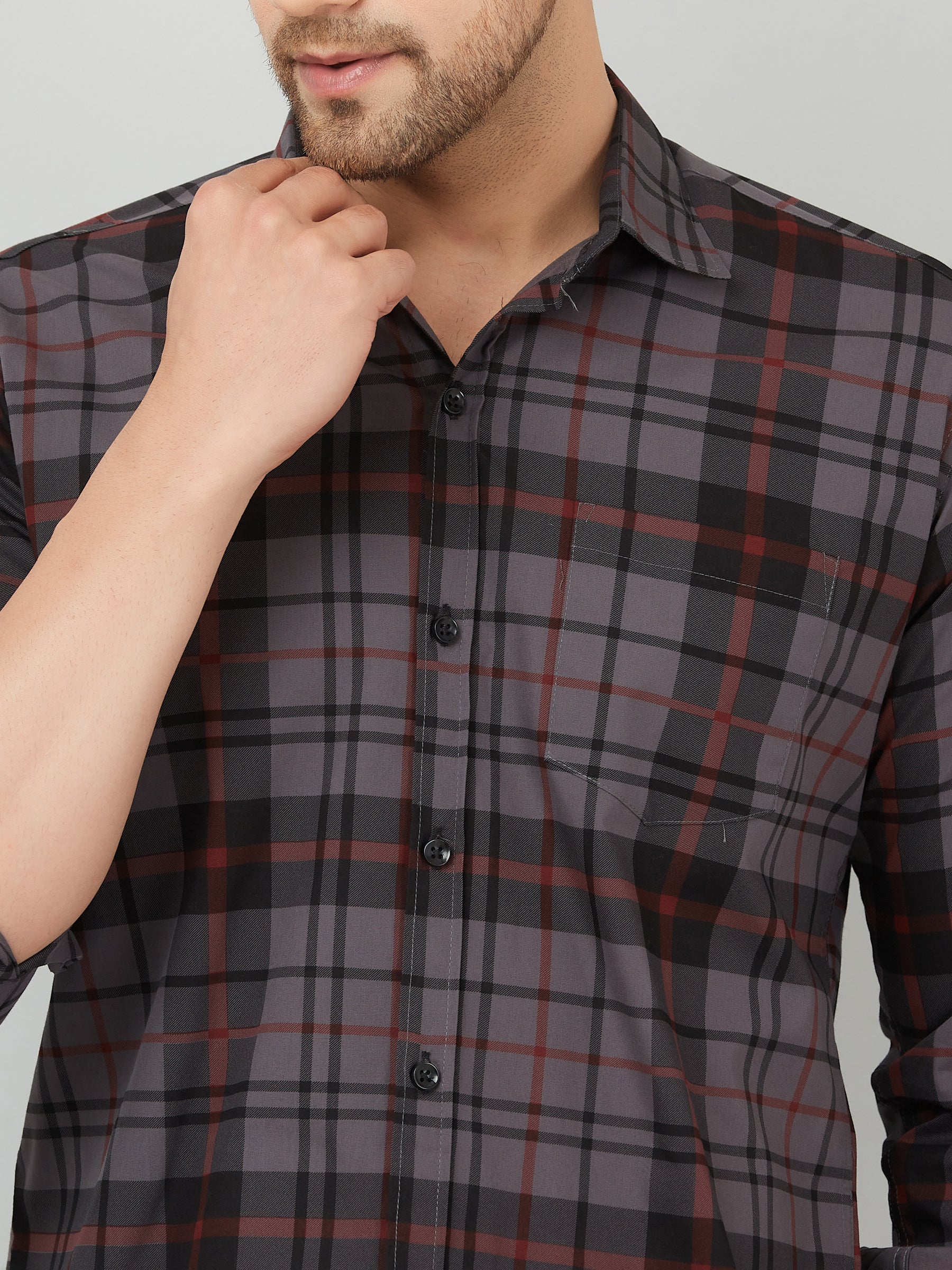 Louis Monarch Men Regular Fit Grey Checkered Spread Collar Casual Shirt