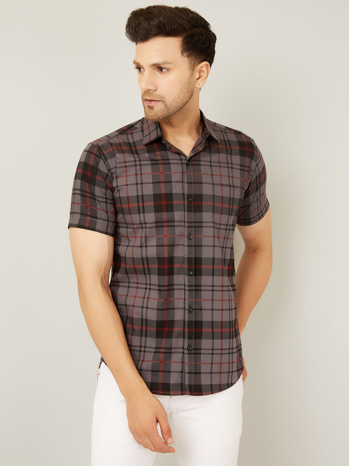 Louis Monarch Men Regular Fit Grey Checkered Spread Collar Casual Half Shirt