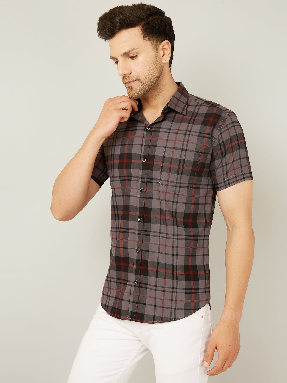 Louis Monarch Men Regular Fit Grey Checkered Spread Collar Casual Half Shirt