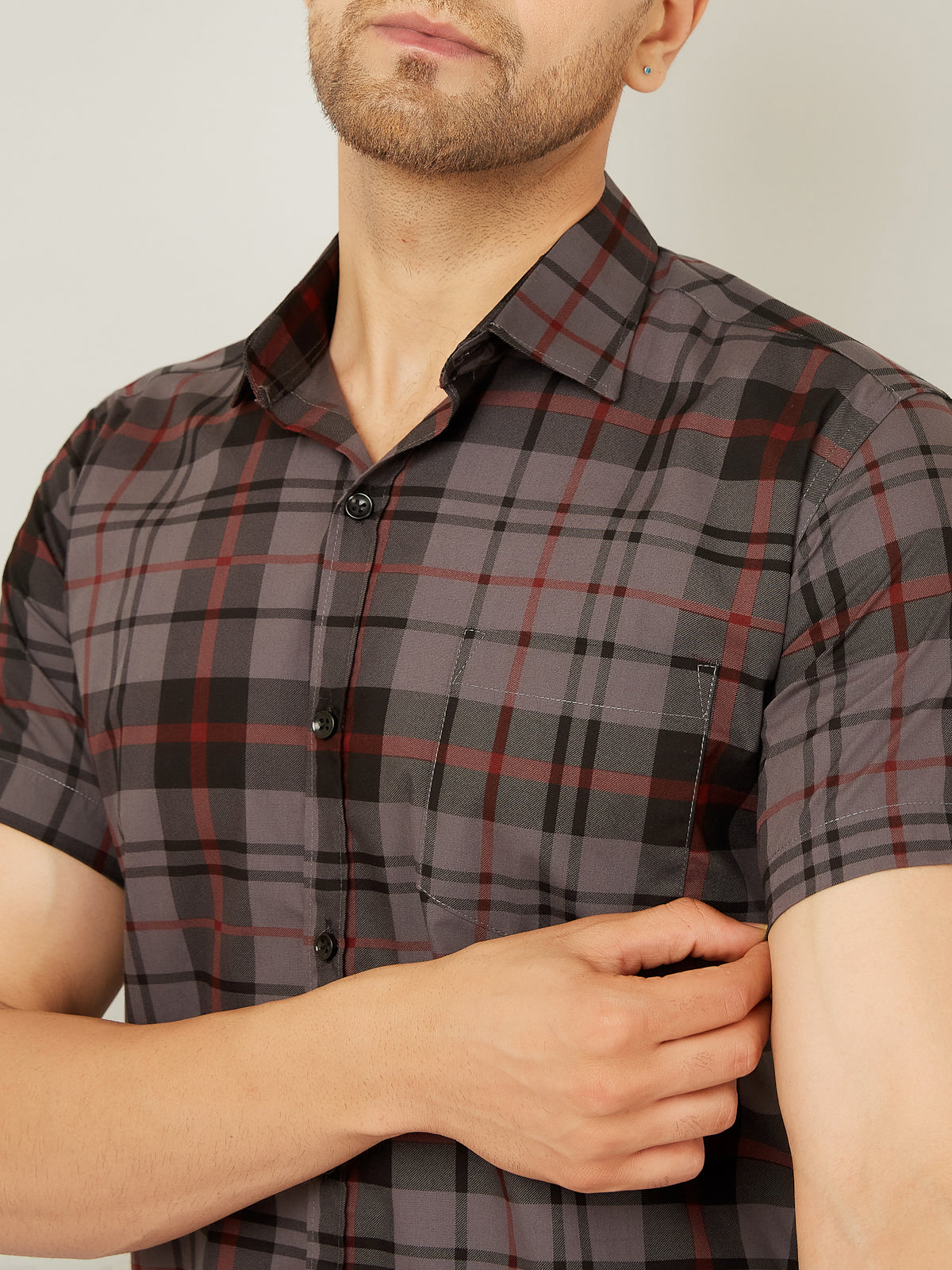 Louis Monarch Men Regular Fit Grey Checkered Spread Collar Casual Half Shirt