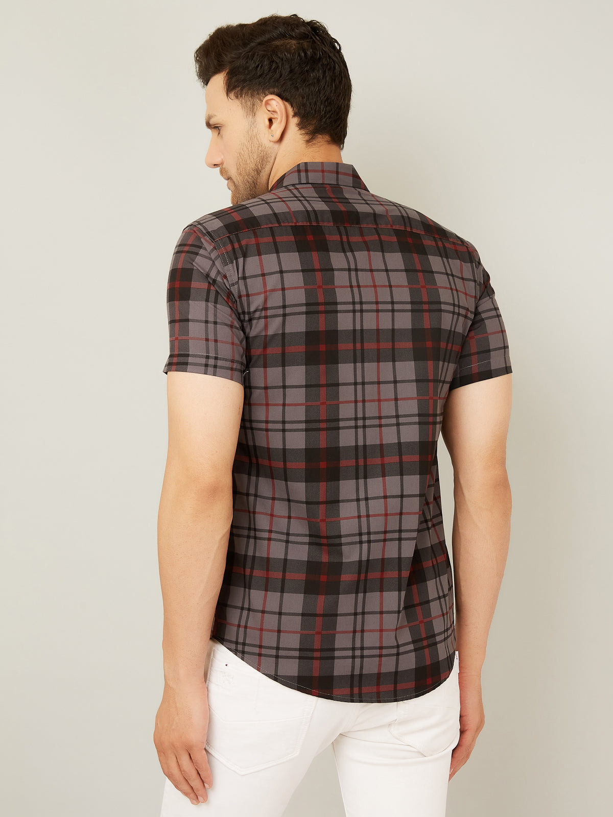 Louis Monarch Men Regular Fit Grey Checkered Spread Collar Casual Half Shirt