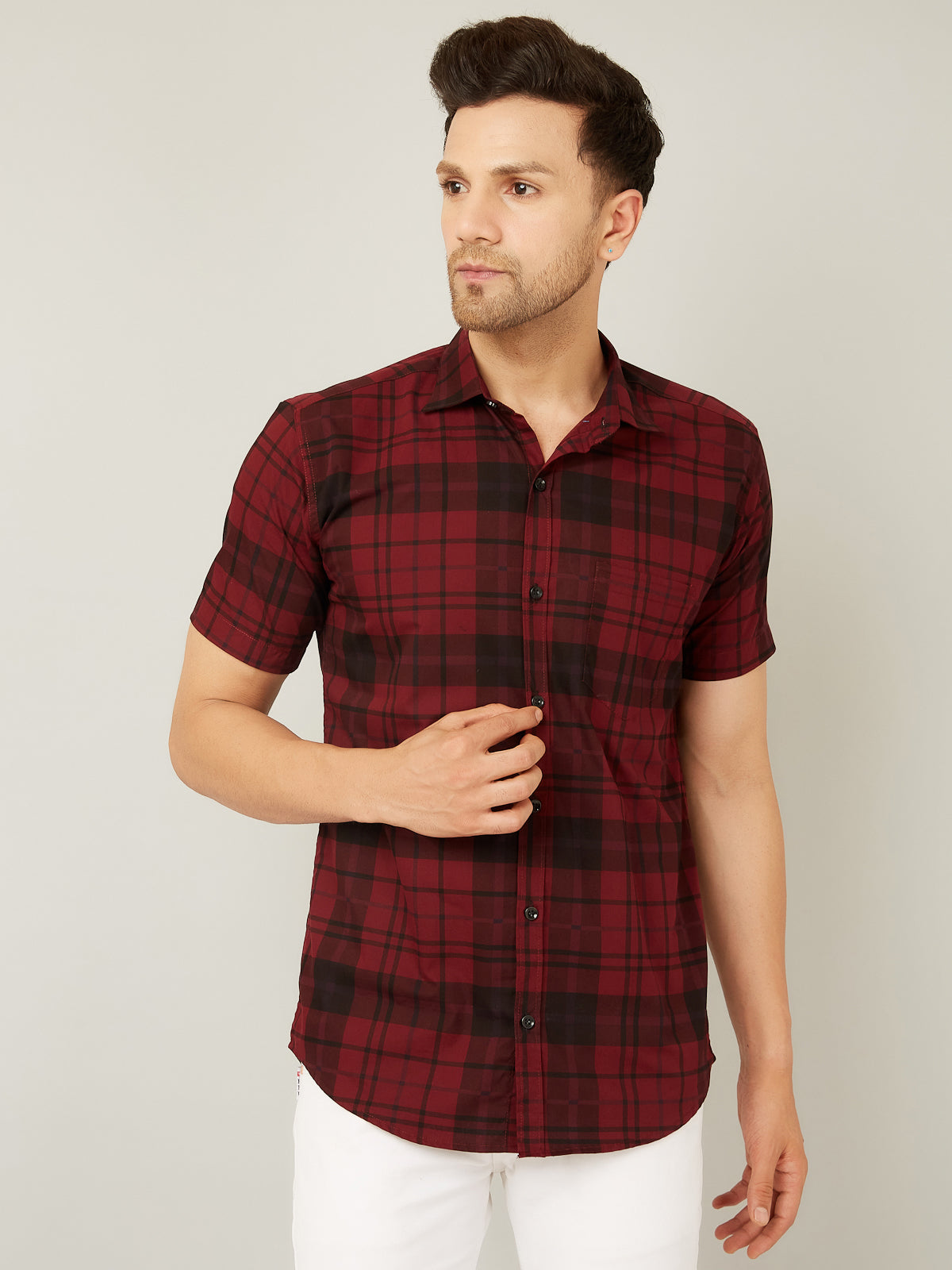 Louis Monarch Men Regular Fit Red Checkered Spread Collar Casual Half Shirt