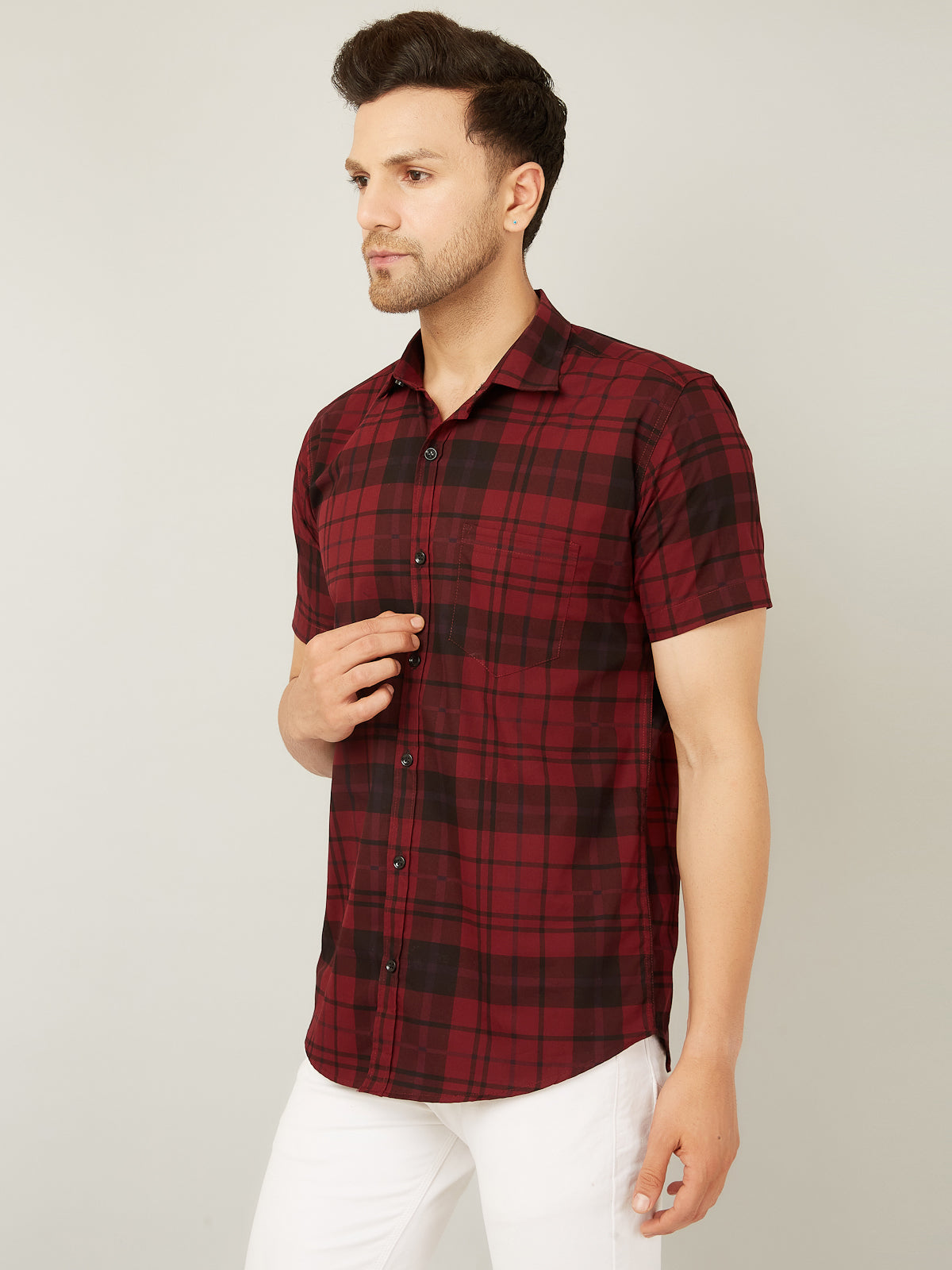 Louis Monarch Men Regular Fit Red Checkered Spread Collar Casual Half Shirt