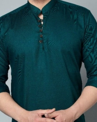 Louis Monarch Men Solid Dark Green Pure Cotton Straight Short Kurta