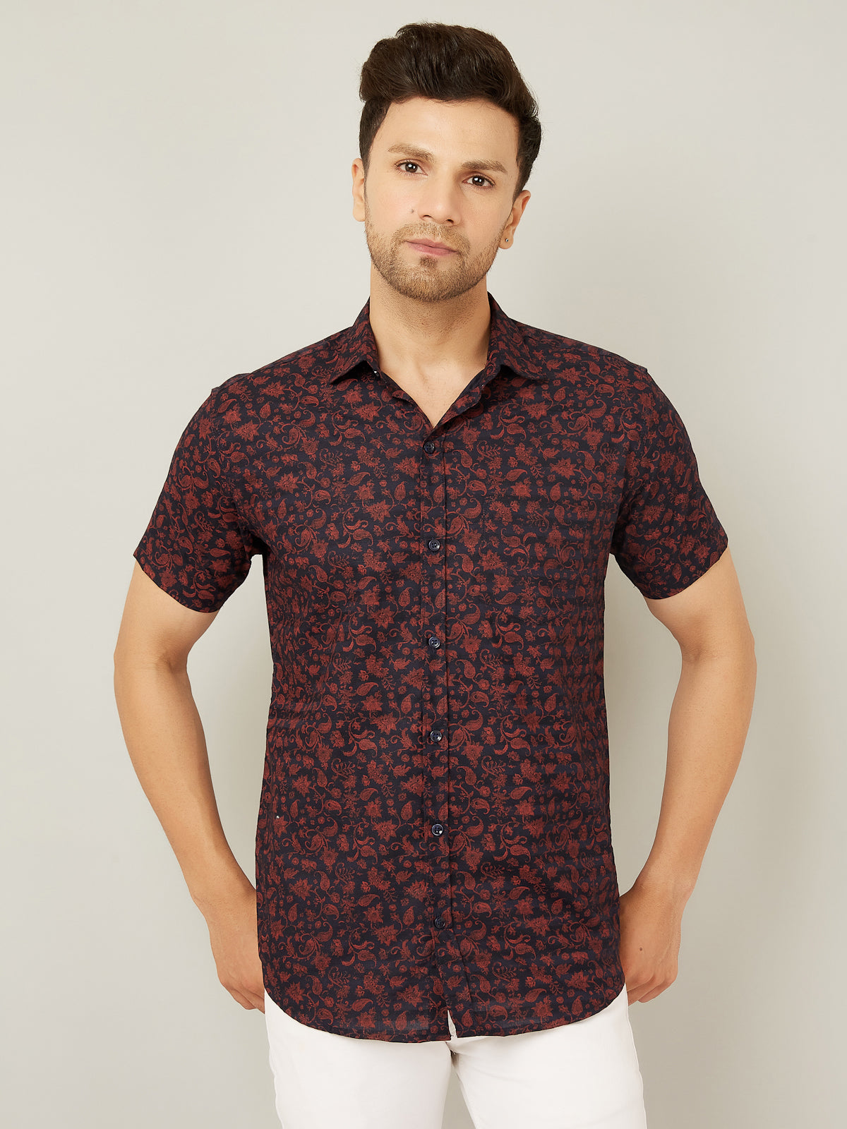 Louis Monarch Men Regular Fit Printed Blue Spread Collar Casual Half Shirt