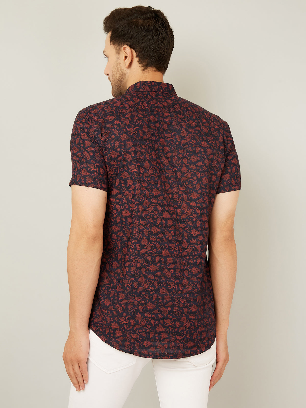 Louis Monarch Men Regular Fit Printed Blue Spread Collar Casual Half Shirt