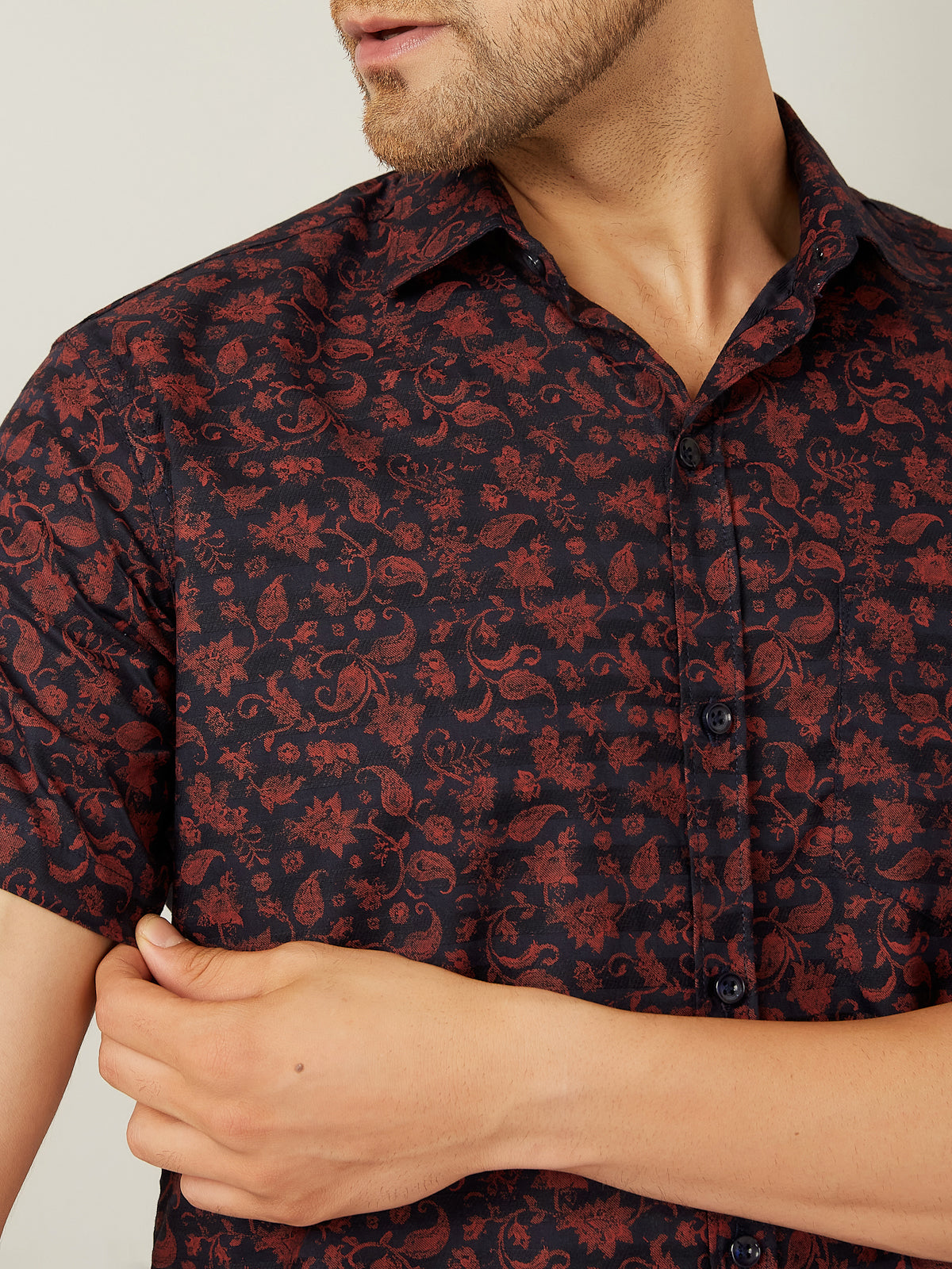 Louis Monarch Men Regular Fit Printed Blue Spread Collar Casual Half Shirt