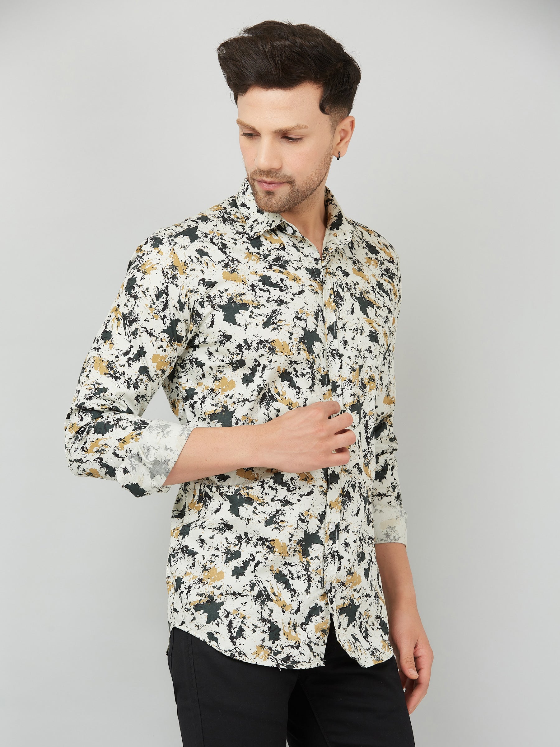 Louis Monarch Men Regular Fit Cream Printed Spread Collar Casual Shirt