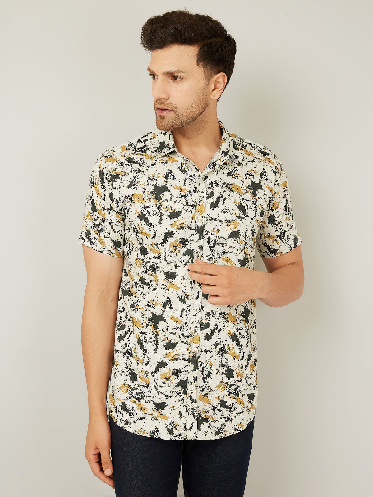 Louis Monarch Men Regular Fit Printed Cream Spread Collar Casual Half Shirt