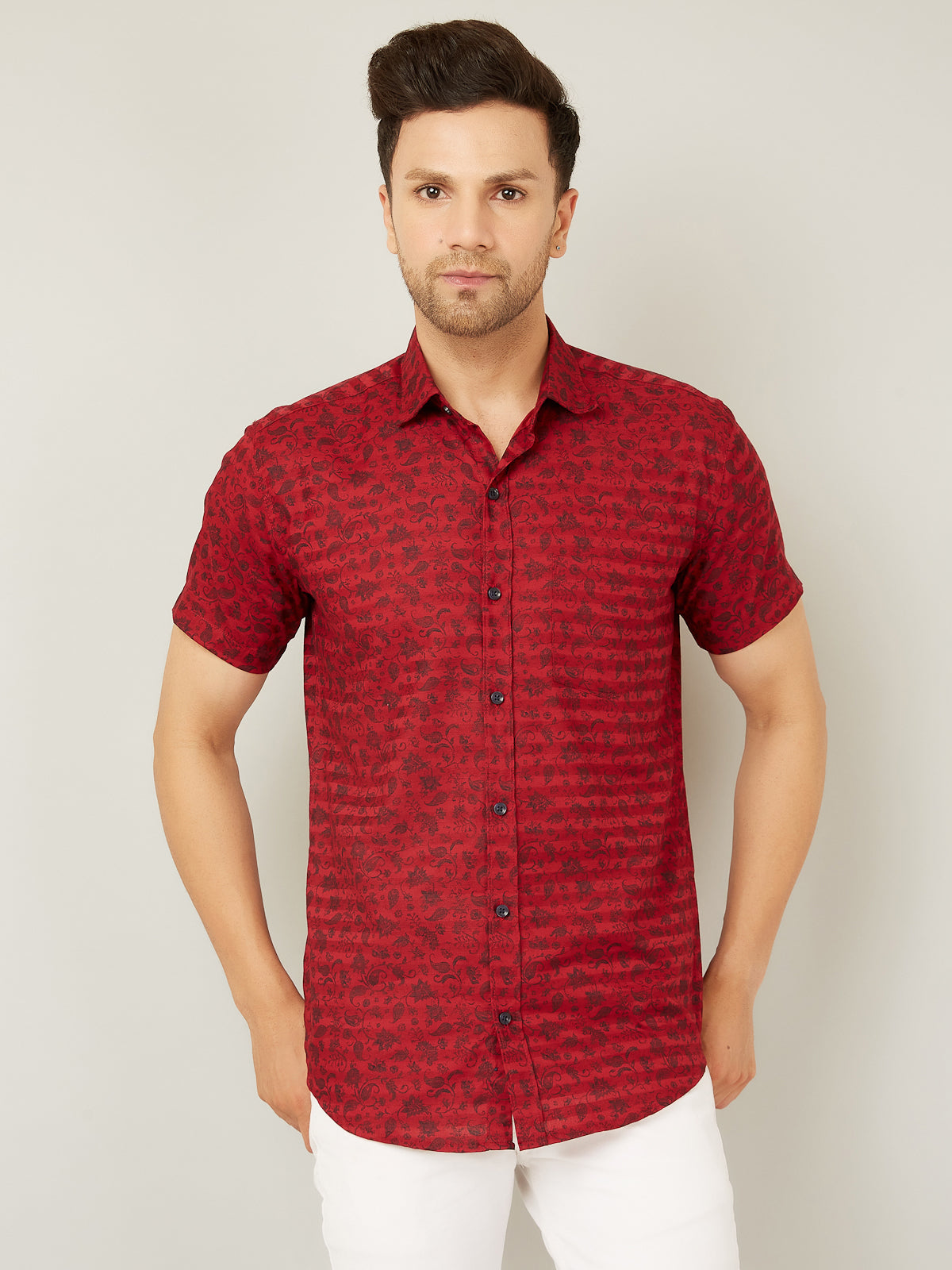 Louis Monarch Men Regular Fit Printed Red Spread Collar Casual Half Shirt